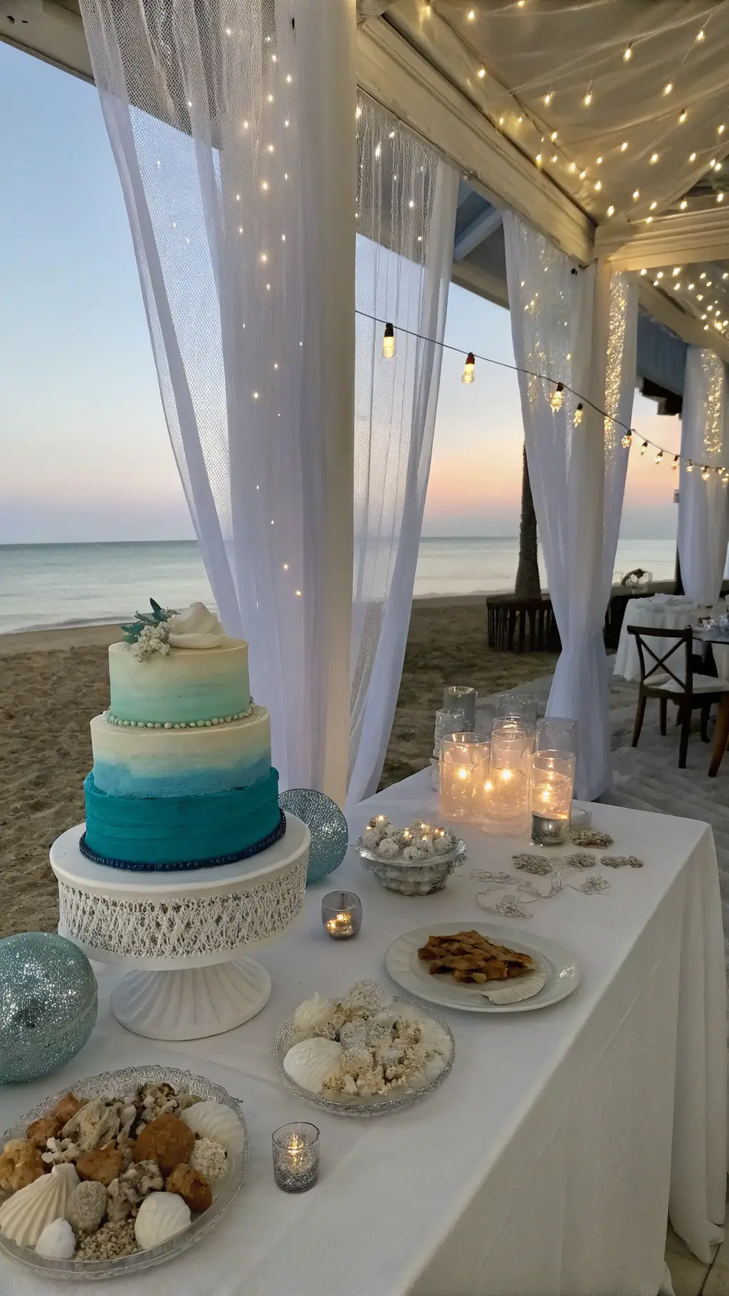 29 Summer Cakes Ideas A coastal-themed dessert lounge during blue hour with a table set with a blue ombré cream cake surrounded by seashells, coral, and sea glass; gauzy curtains billow in the breeze and twinkling string lights hang above, enhancing the beach ambiance with silver accents and crystal decor.