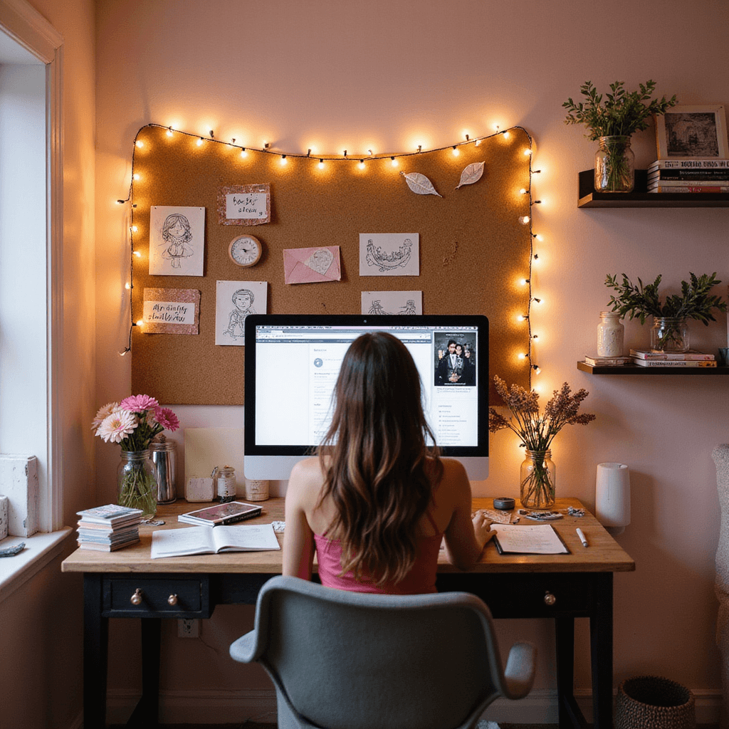 Caricature Wedding Invitations: Your Ultimate Guide to Unique Wedding Announcements A whimsical home office with fairy lights, a cork board with sketches, a designer at an iMac surrounded by art supplies, set against soft pink walls and accented with fresh flowers and neatly stacked magazines.