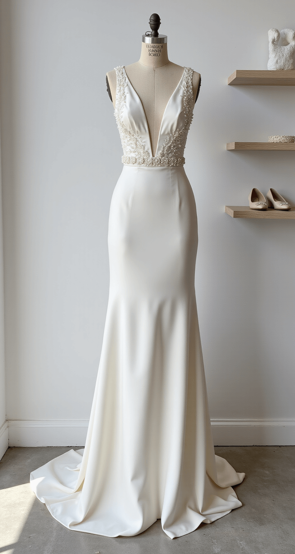 The Complete Guide to Classic Wedding Dress Styles Close-up of an ivory silk trumpet-style bridal gown with subtle beading and architectural seaming, displayed on a designer mannequin in a modern minimalist salon. The setting features bright afternoon light, a clean white backdrop, and floating shelves with curated bridal accessories, including a pearl-studded belt, classic pumps, and a delicate bracelet.