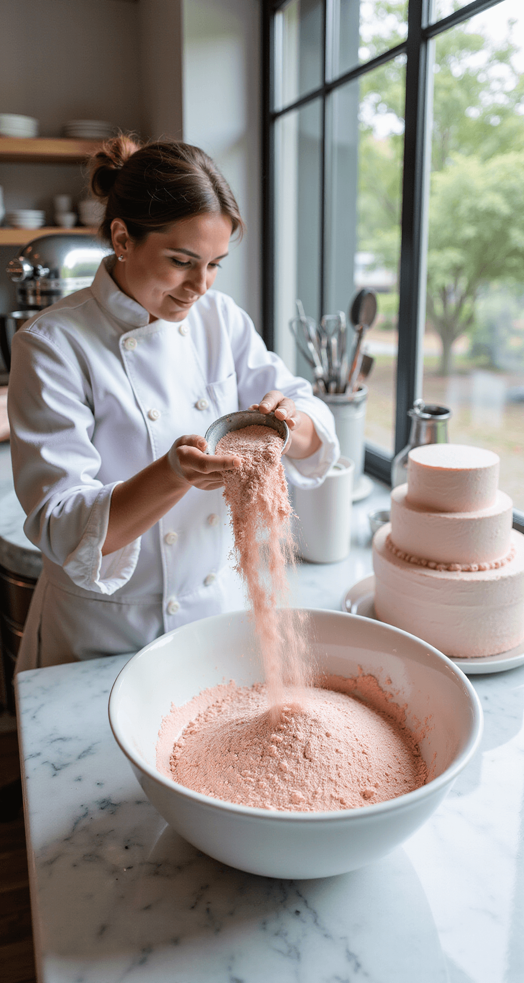 Ultimate Pink Wedding Cake: A Romantic Culinary Masterpiece A pastry chef sifting pink flour in a sunlit bakery, with cake tiers, a stand mixer, and baking tools on marble countertops.