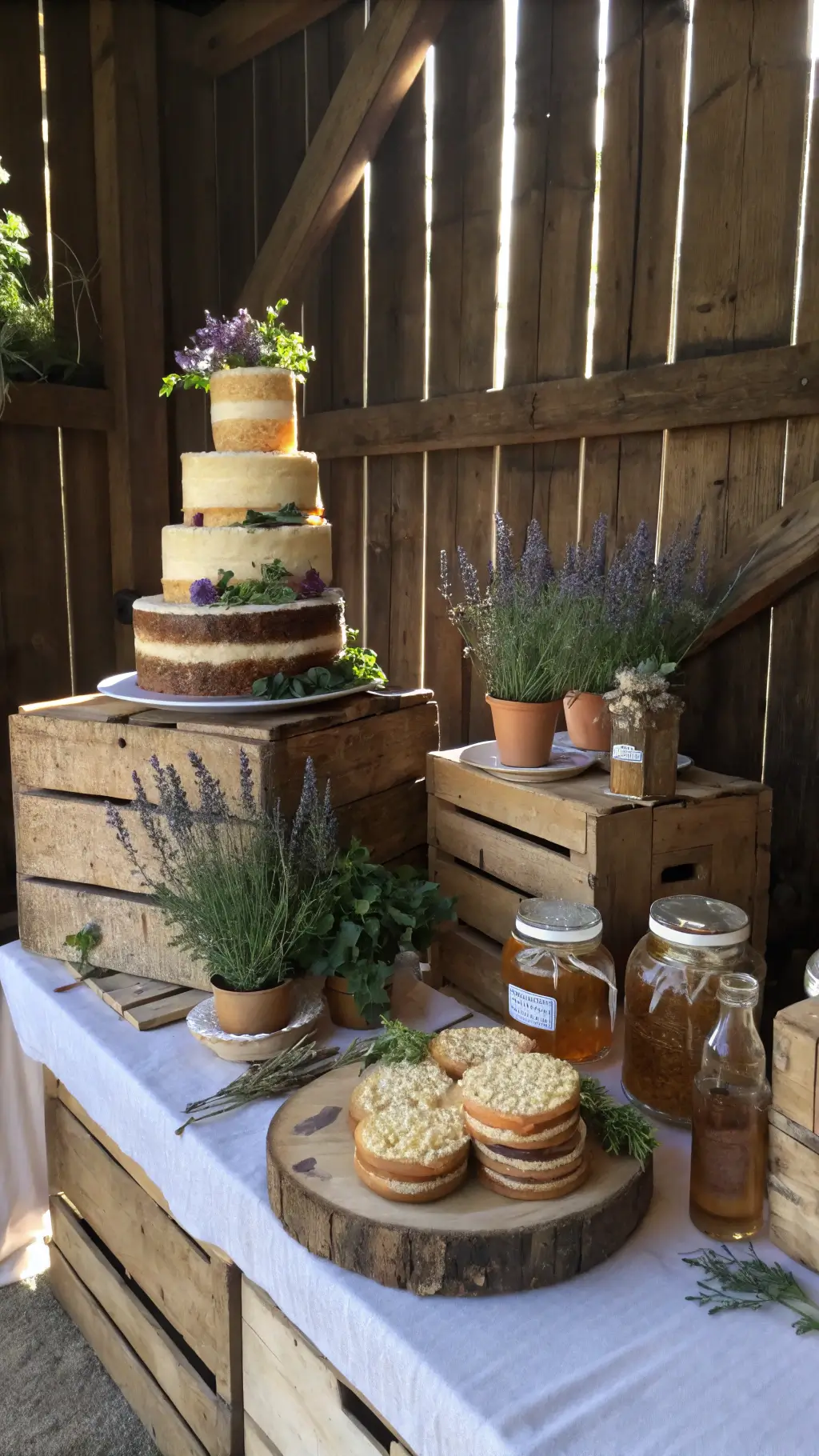 29 Summer Cakes Ideas A rustic barn wedding dessert display with herb-infused summer cakes on wooden slices and vintage crates, adorned with lavender sprigs, potted herbs, and honey jars in soft morning light filtering through barn walls.