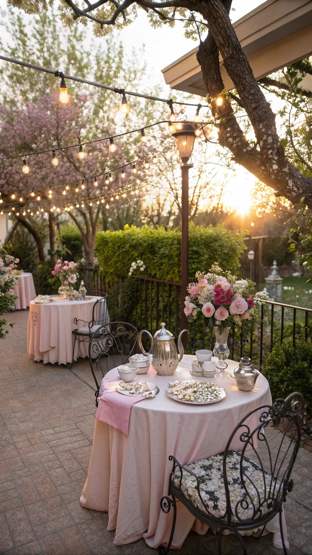 How to Create a Magical Tea for Two Birthday Party A sunlit garden terrace during golden hour with vintage tables, blush silk tablecloths, silver teapots with roses, crystal teacups, fairy lights, gold-rimmed china, and floral napkin rings under cherry trees.