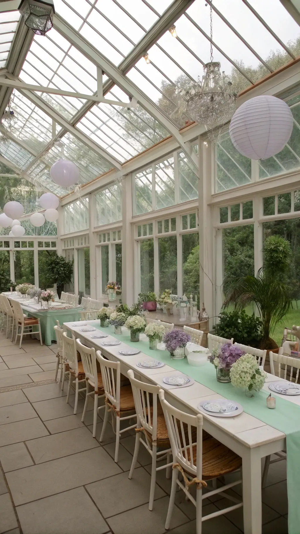 How to Create a Magical Tea for Two Birthday Party An elegant indoor conservatory with floor-to-ceiling windows, featuring U-shaped white-washed farmhouse tables with mint green runners and crystal compotes with lavender and white hydrangeas; children's ghost chairs with tulle bows and vintage wooden tea party seats, with overhead paper lanterns and butterfly mobiles in natural light.