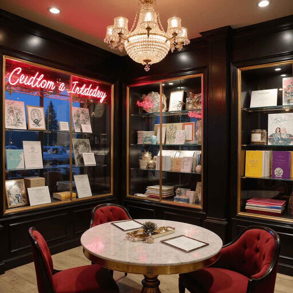 Caricature Wedding Invitations: Your Ultimate Guide to Unique Wedding Announcements An elegant stationery boutique interior at dusk with glass display cases, neon signage, velvet chairs, brass-accented tables, marble trays, rainbow-hued envelopes, and crystal chandeliers.