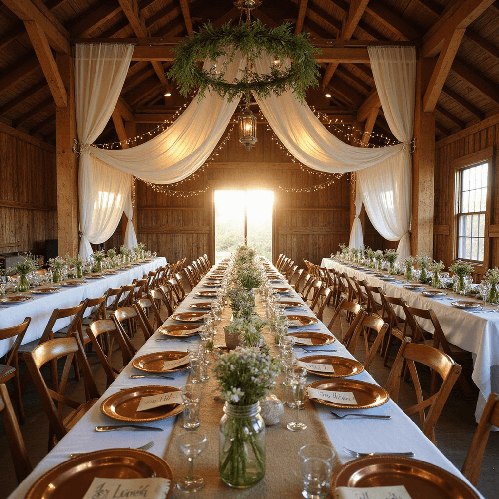 DIY Wedding Decorations: Your Ultimate Guide to Stunning Budget-Friendly Decor Rustic barn wedding setup at golden hour with wooden beams draped in white fabric and string lights, farmhouse tables with burlap runners, wildflower mason jar centerpieces, vintage china, and greenery-decorated ladder overhead.