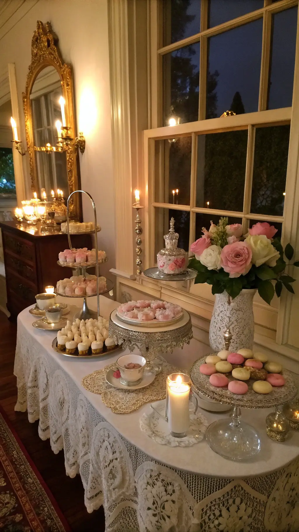 How to Create a Magical Tea for Two Birthday Party A cozy Victorian parlor at dusk with mercury glass votives illuminating tea tables adorned with lace and pastel treats, surrounded by vintage teacups, silver services, and fresh flowers in porcelain vases.
