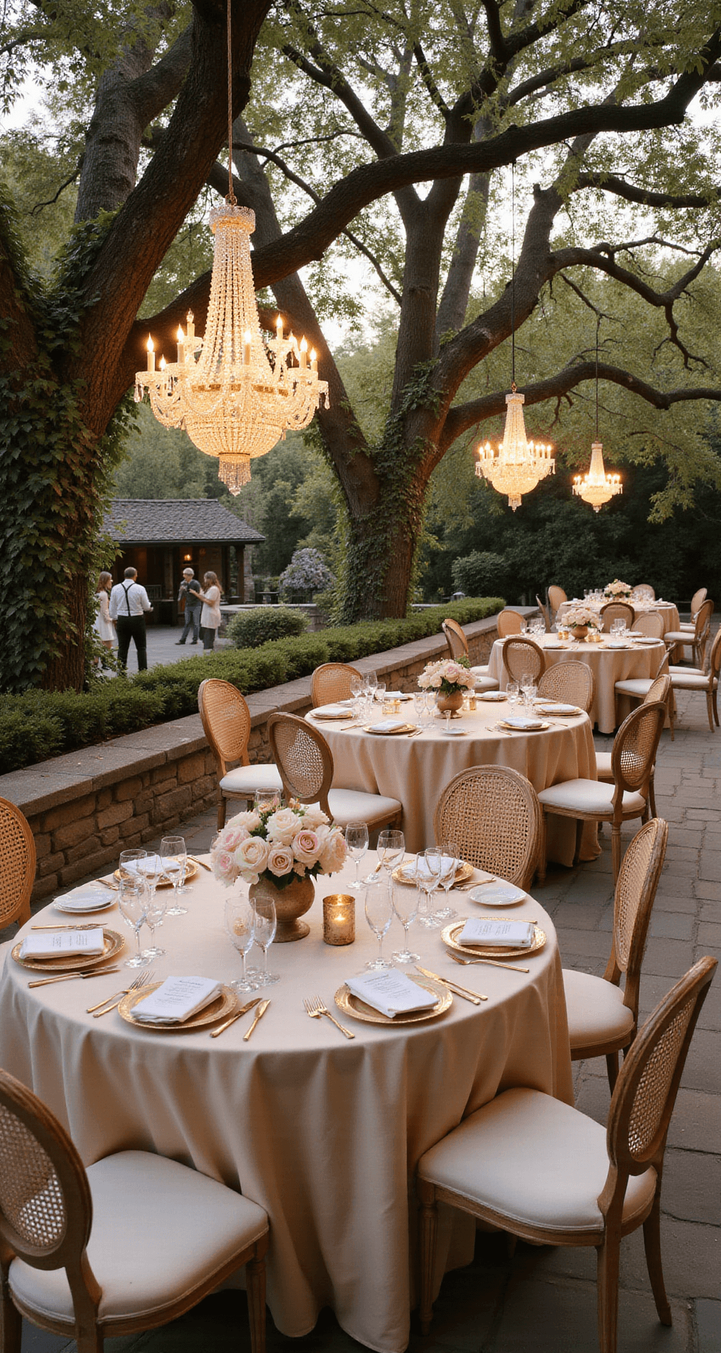 7 Dreamy Pastel Wedding Flower Ideas to Elevate Your Big Day A sophisticated garden dinner party at sunset, featuring stone terraces with wisteria, round tables with champagne linens, and crystal chandeliers in oak trees. Pale pink peonies and ivory roses adorn the tables. Guests mingle on cane-back chairs as servers carry trays, all under a soft, ethereal glow.