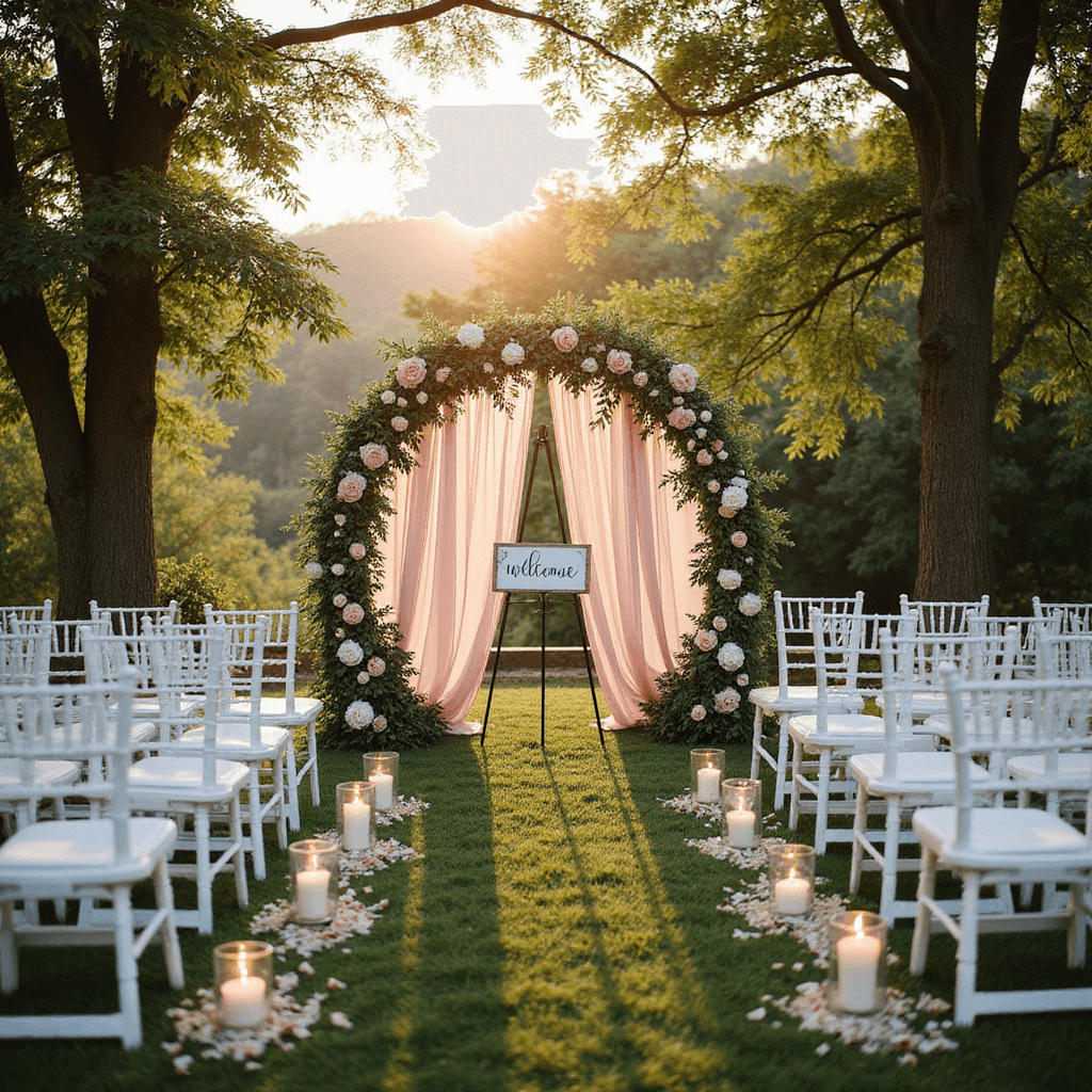 DIY Wedding Decorations: Your Ultimate Guide to Stunning Budget-Friendly Decor Aerial view of a garden ceremony setup at magic hour with circular seating of white chairs, a floral arch, and a handpainted welcome sign. The aisle features candlelit glass hurricanes and rose petals, with soft pink tulle draped between trees. Golden sunlight filters through the leaves.