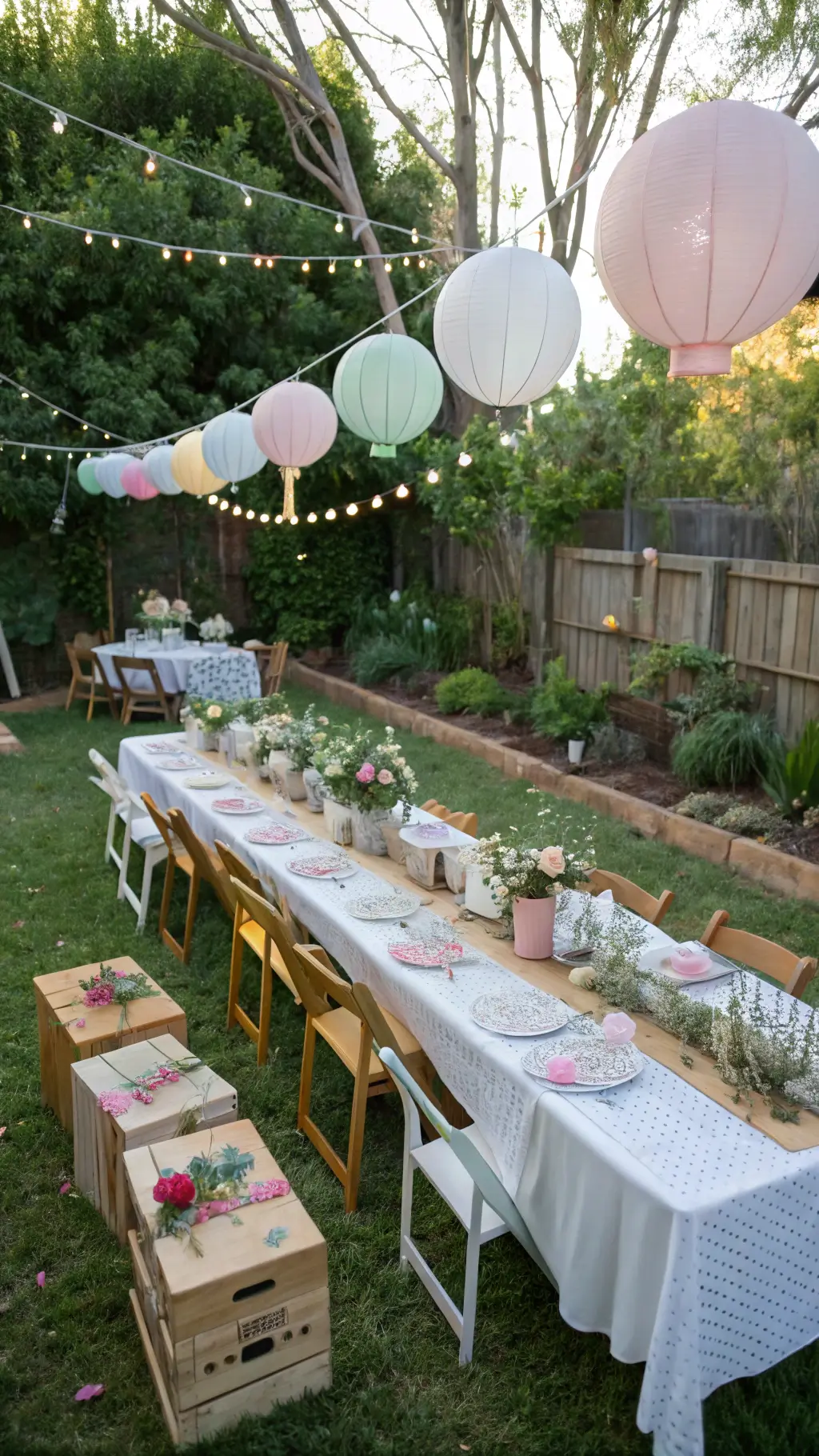 How to Create a Magical Tea for Two Birthday Party Drone view of a whimsical backyard with farmhouse tables draped in white linen and polka dot tulle, wildflower centerpieces, pastel-painted children's chairs with balloon bouquets, and a canopy of oversized paper flowers and ribbon streamers amidst natural garden surroundings.