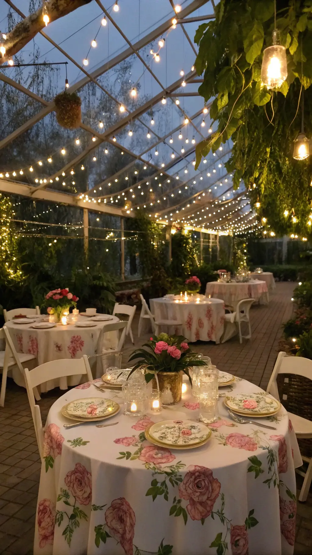 How to Create a Magical Tea for Two Birthday Party An atmospheric twilight greenhouse filled with twinkle lights, elegant table settings with rose centerpieces, butterfly plates, crystal pink lemonade flutes, and hand-painted cookies, framed by trailing vines and orchids. tea for two birthday party