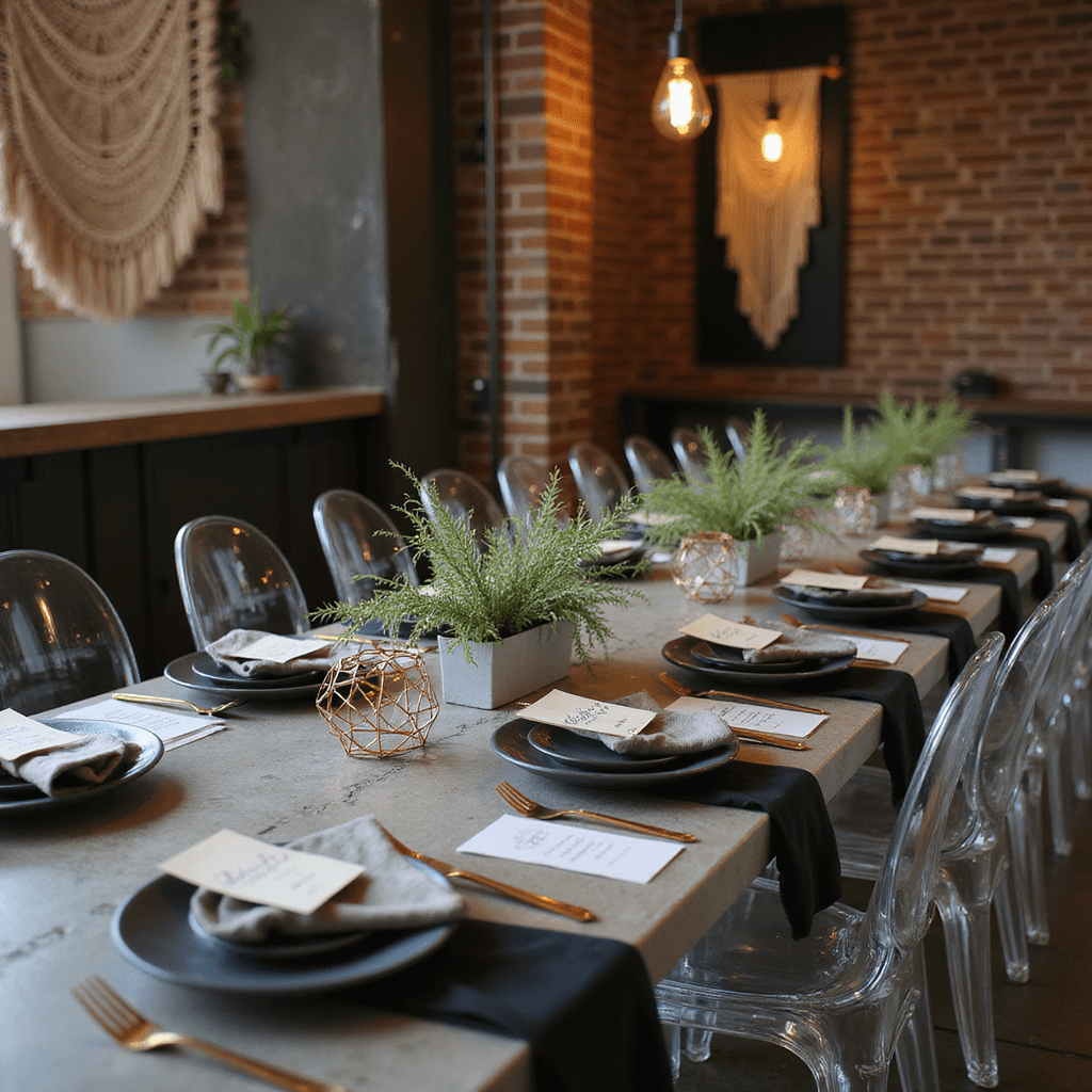 DIY Wedding Decorations: Your Ultimate Guide to Stunning Budget-Friendly Decor Close-up of a modern industrial loft reception with a geometric metallic centerpiece featuring air plants and copper wire on a concrete table. Matte black plates, gold flatware, and vellum name cards adorn the table. Ghost chairs with geometric cushions are nearby, set against an exposed brick wall with DIY macramé and Edison bulb installation, all highlighted by moody ambient lighting.