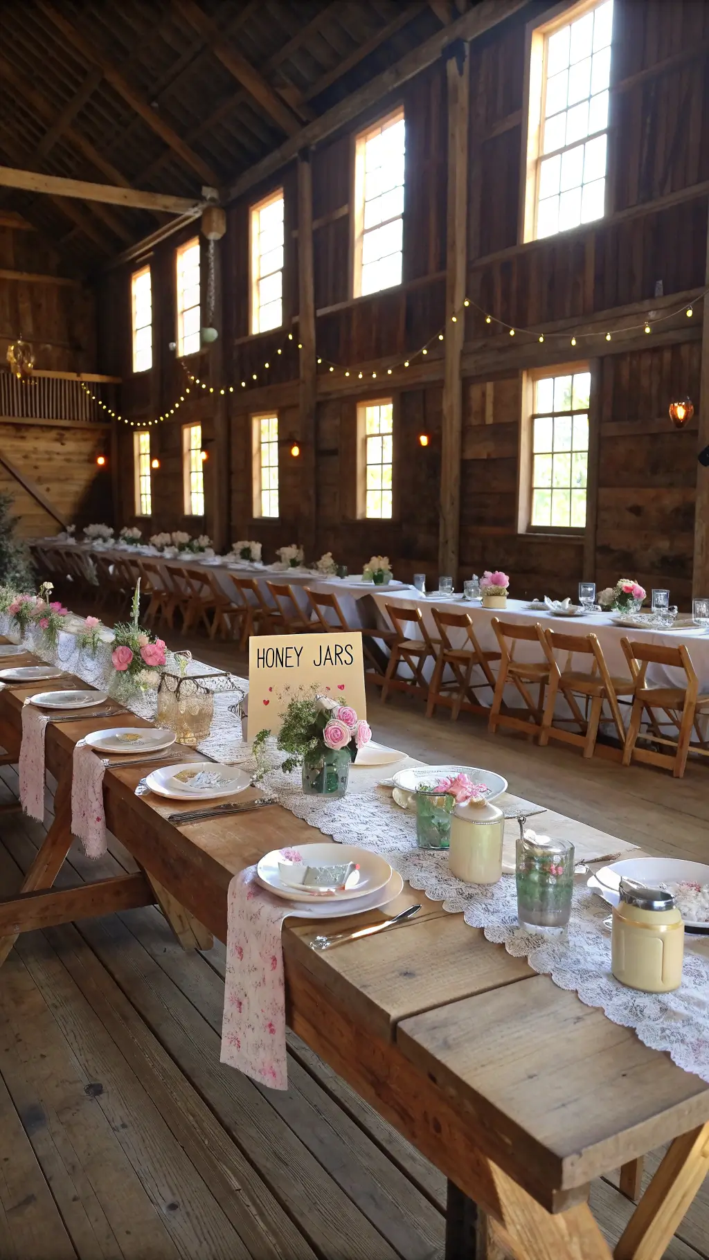 How to Create a Magical Tea for Two Birthday Party Restored barn interior with sunlight streaming through windows, featuring raw wood tables with vintage runners and pastel china teacups, rustic centerpieces of baby's breath and roses, craft paper place settings with gold calligraphy, and honey jars with custom labels. tea for two birthday party