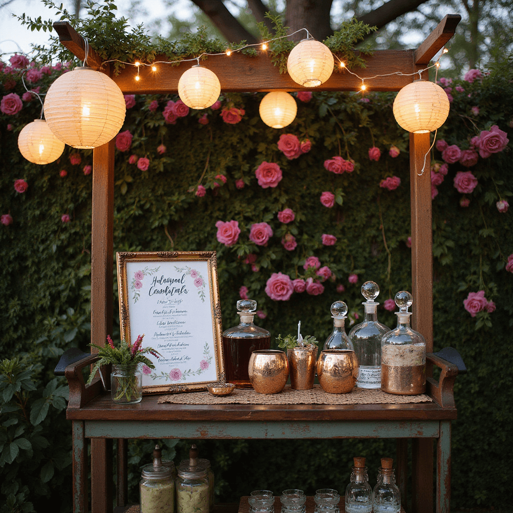 DIY Wedding Decorations: Your Ultimate Guide to Stunning Budget-Friendly Decor Twilight backyard cocktail setup with vintage drink cart, handwritten botanical menu, crystal decanters, copper mugs, paper lanterns, bistro lights, botanical ice cubes, fresh herb garnishes, and a blooming garden backdrop with fairy lights.