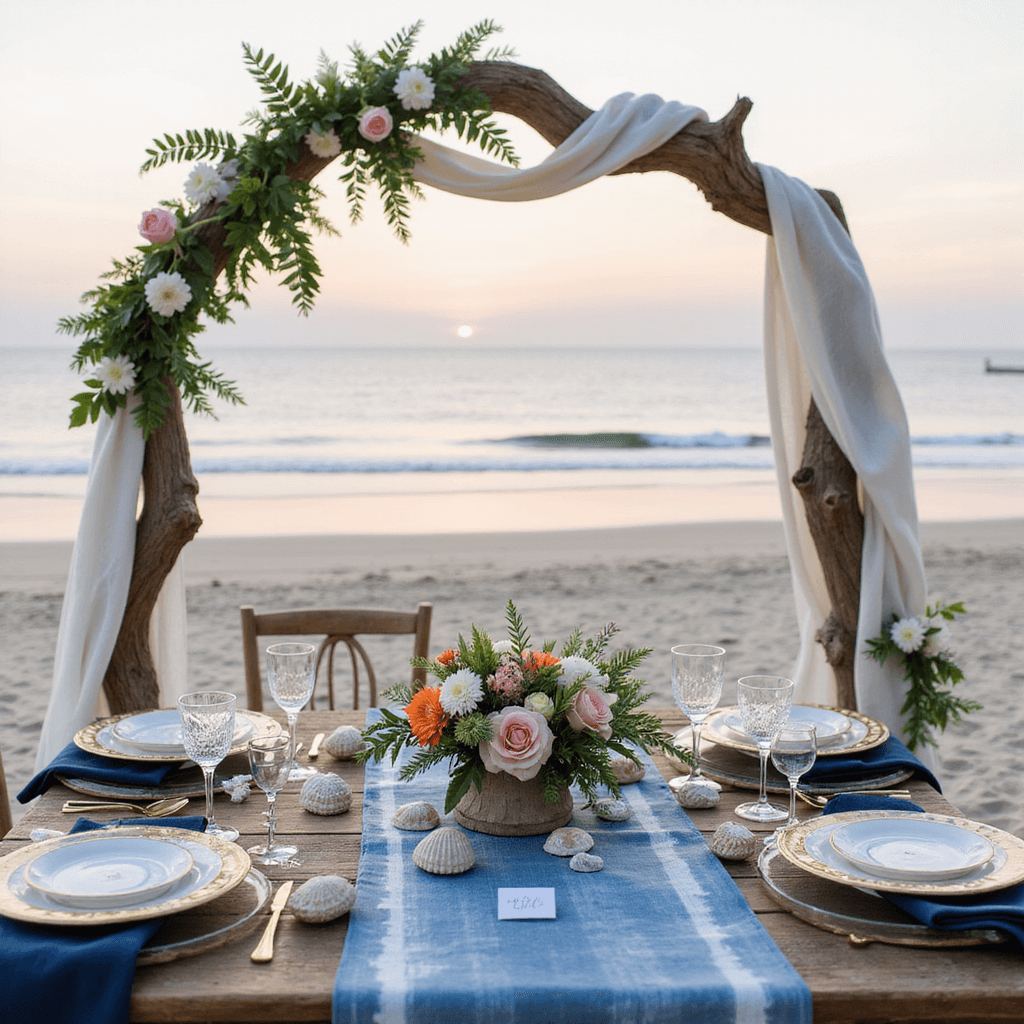 DIY Wedding Decorations: Your Ultimate Guide to Stunning Budget-Friendly Decor A romantic beachfront sweetheart table at sunset, featuring a driftwood arch adorned with white fabric, seashell garlands, and tropical flowers. The table is styled with an indigo runner, crystal candle holders, and a coral-inspired centerpiece, with place settings of gold-rimmed chargers, navy linens, and hand-calligraphed shell place cards. A soft pastel sky and gentle waves are visible in the background.