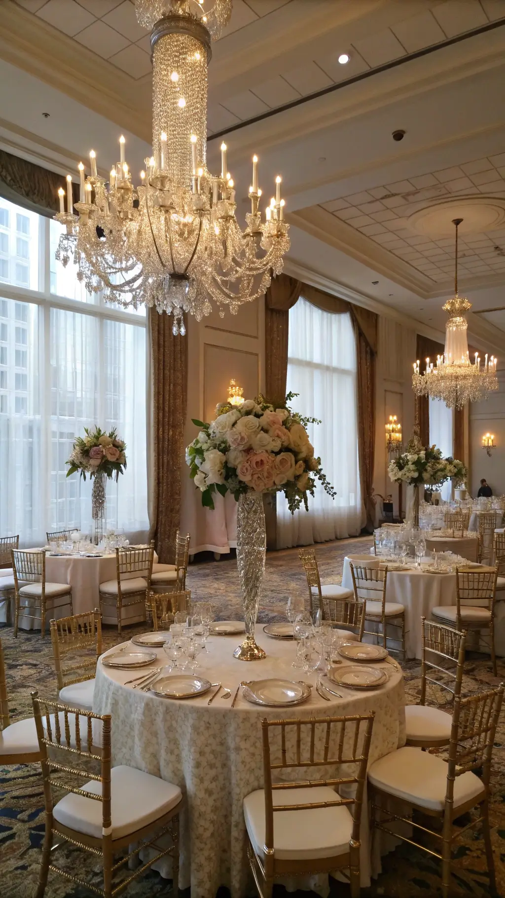 How to Create a Magical Tea for Two Birthday Party A luxurious hotel ballroom adorned with pearl-white silk tablecloths, metallic lace overlays, and towering crystal candelabras with flowers; gold chargers, hand-painted china, and silver teapots on tables; paper lanterns and chandeliers above; shot from a low angle. tea for two birthday party
