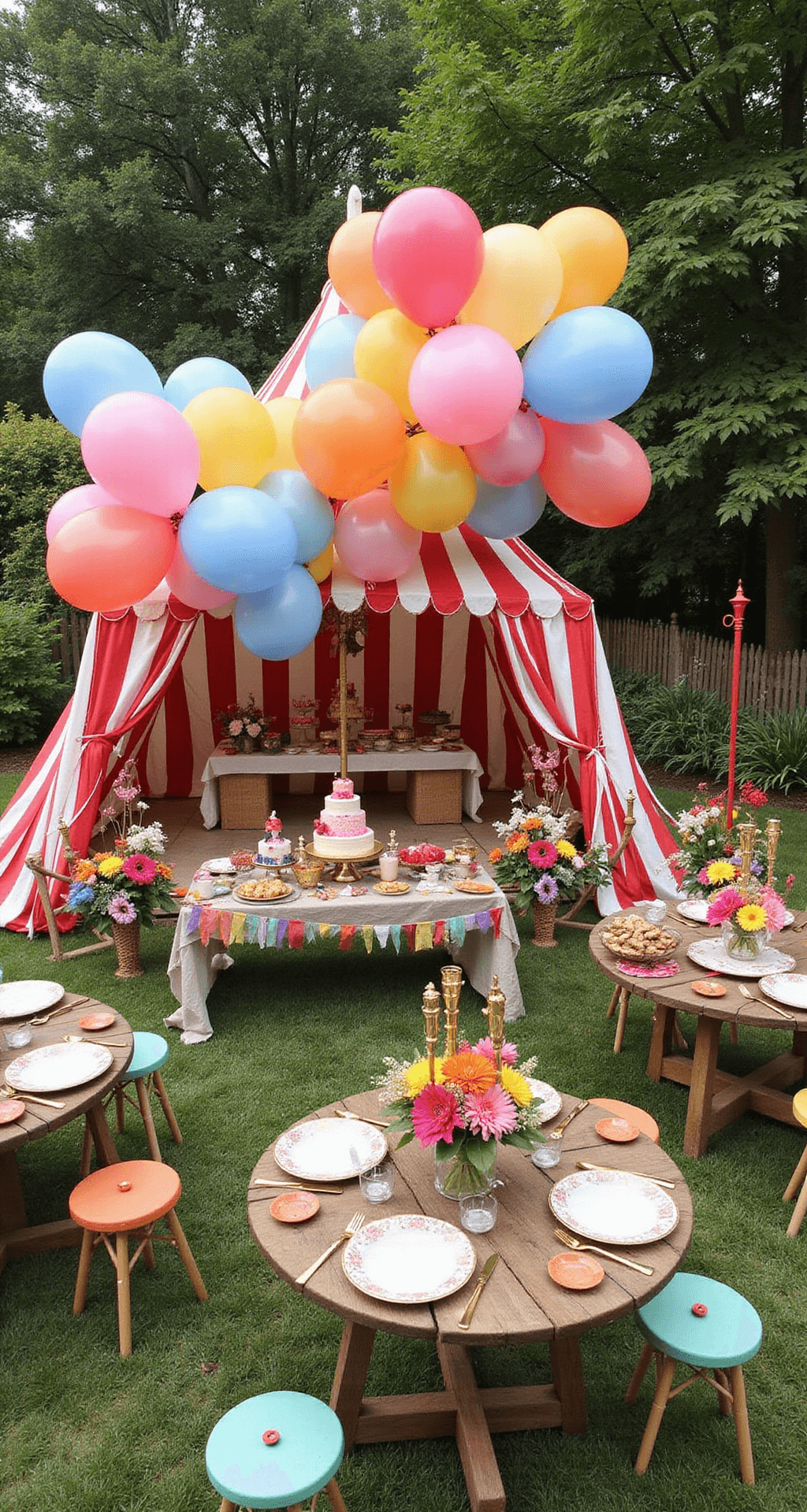 7 Dreamy Pastel Wedding Flower Ideas to Elevate Your Big Day Overhead view of a whimsical children's birthday party in a transformed backyard with a vintage circus theme, featuring a striped carnival tent, dessert table with tiered cakes and cotton candy, oversized balloons, rustic farm tables with gold-rimmed plates, colorful paper pinwheels, giant paper flowers, and ribbon streamers.