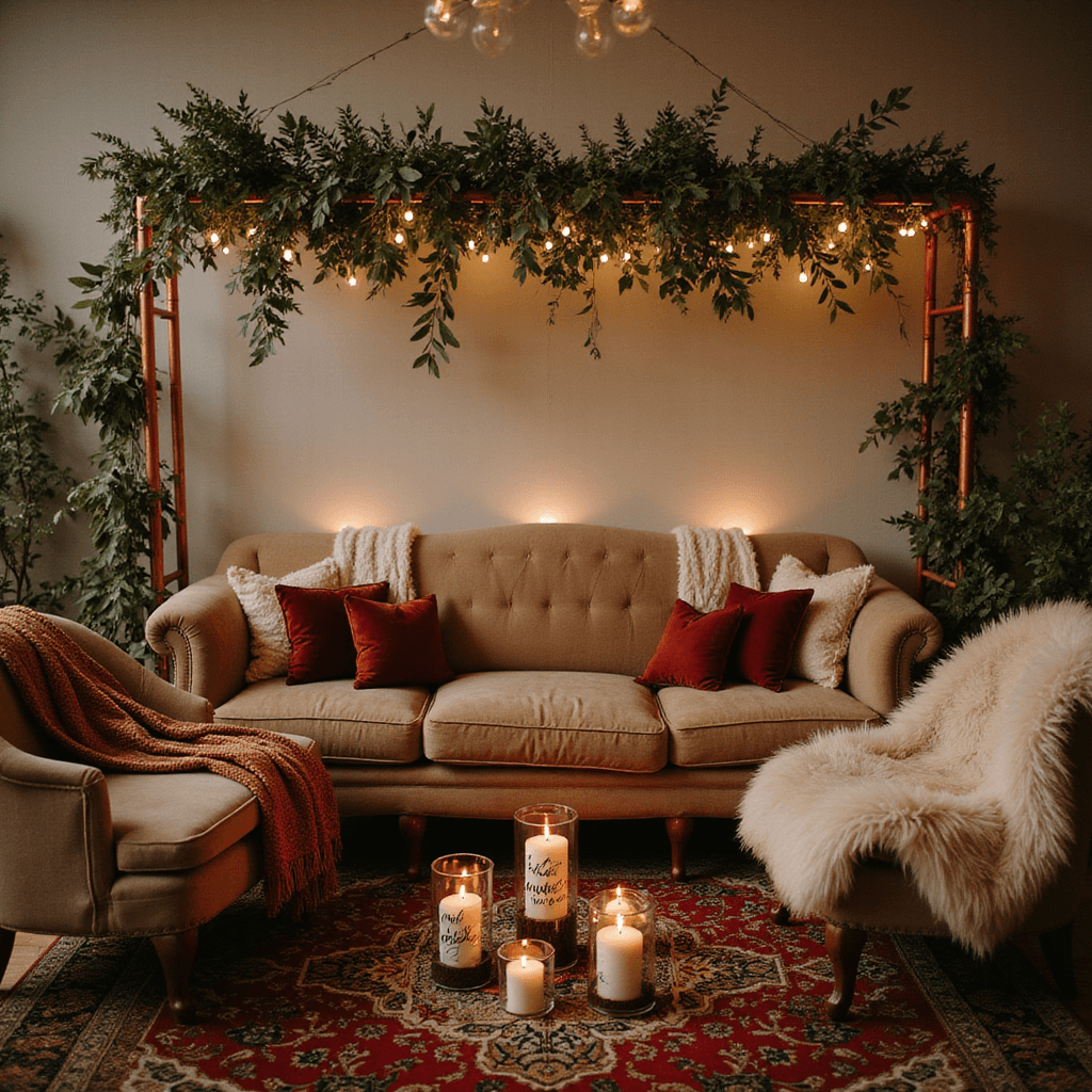 DIY Wedding Decorations: Your Ultimate Guide to Stunning Budget-Friendly Decor A cozy winter wedding lounge with vintage furniture, velvet pillows, faux fur throws, a copper pipe backdrop with eucalyptus and fairy lights, varied height candles in mercury glass holders, a layered Persian rug, and a hot chocolate bar with hand-lettered mugs, all under warm intimate lighting.