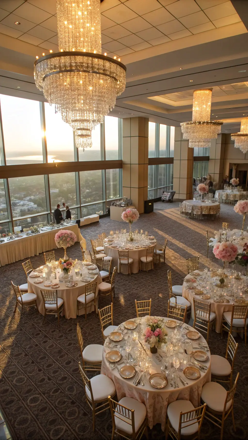 How to Organize a Magical Princess tea Party? A grand ballroom bathed in golden hour sunlight, featuring champagne silk dressed round tables with blush peony and white orchid centerpieces. Crystal chandeliers cast prismatic reflections, with place settings of gold-rimmed chargers and fine china, and ivory chiavari chairs with blush cushions. Princess Tea Party