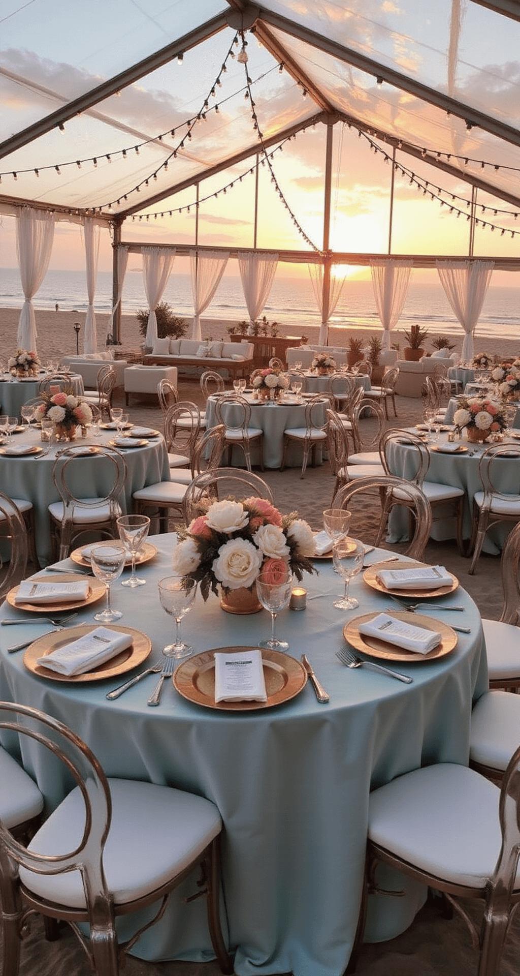 7 Dreamy Pastel Wedding Flower Ideas to Elevate Your Big Day Beachfront wedding reception at sunset with a glowing clear tent, seafoam silk tables, lounge areas with white linen sofas, and rattan peacock chairs; decorated with white delphinium and coral charm peonies.