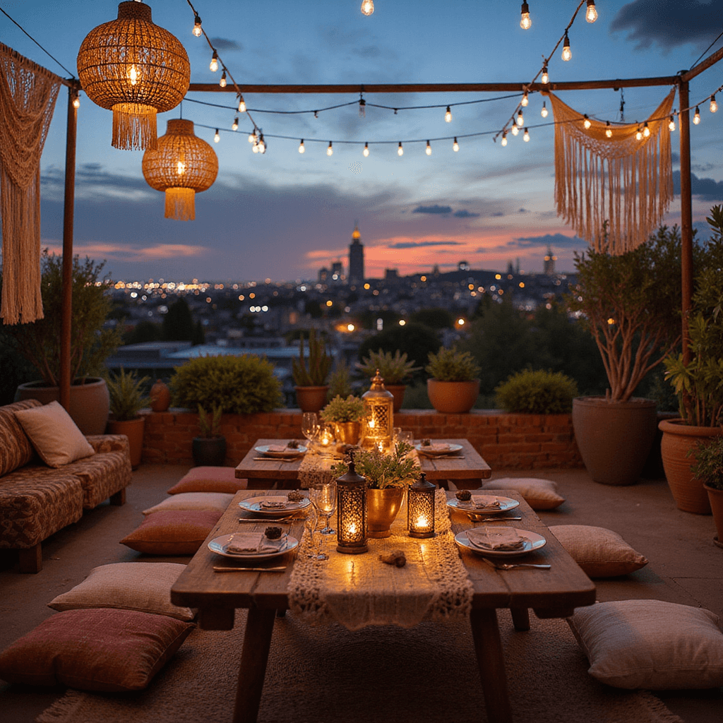 DIY Wedding Decorations: Your Ultimate Guide to Stunning Budget-Friendly Decor Bohemian rooftop celebration scene with low tables, floor cushions, Moroccan poufs, macramé runners, brass lanterns, succulents, rattan pendants, string lights, dream catchers, and textile wall hangings against a sunset city backdrop.