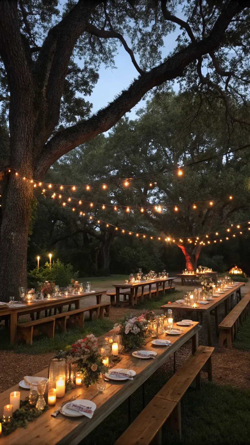 How to Organize a Magical Princess tea Party? An intimate garden ceremony at twilight with vintage wooden tables beneath oak trees, strung with market lights and surrounded by candles. Tables are adorned with wildflower centerpieces in copper vessels and rustic-luxe table settings, viewed from ground level under a dusky sky. Princess Tea Party