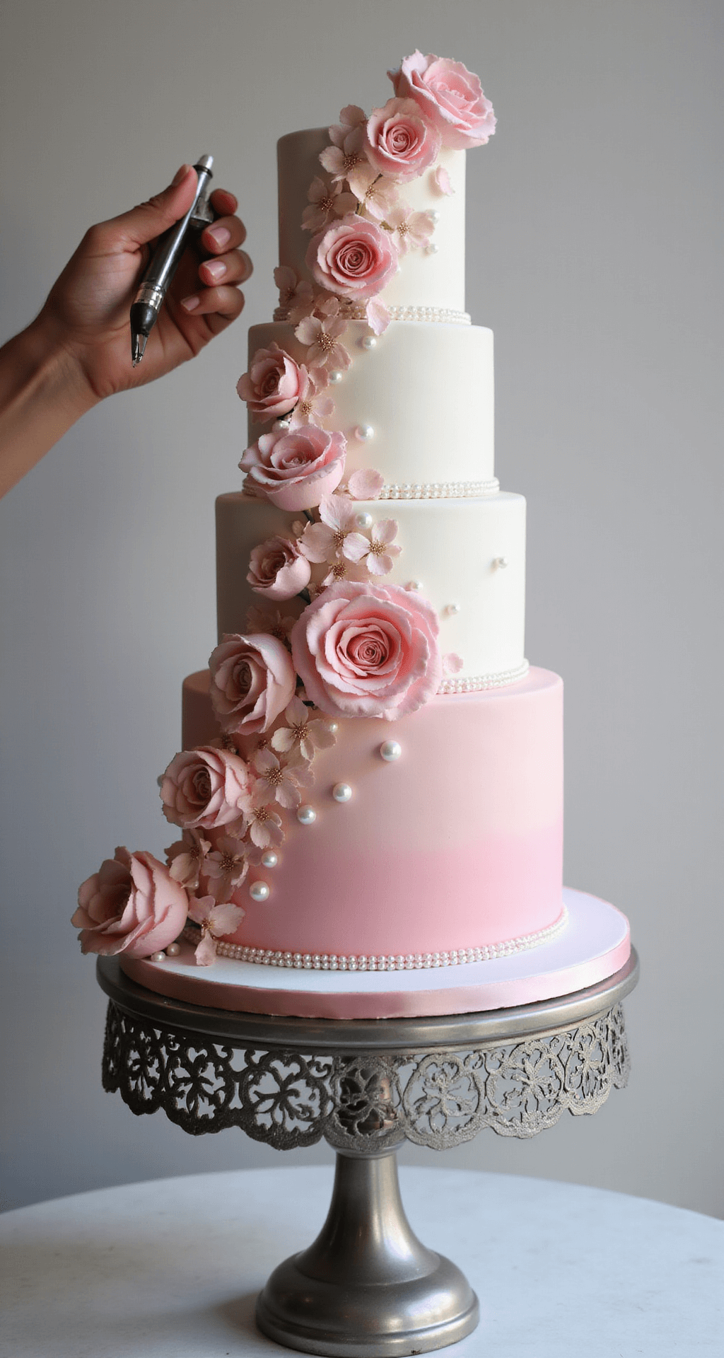 Ultimate Pink Wedding Cake: A Romantic Culinary Masterpiece A 4-tier pink ombre wedding cake with sugar flowers, pearls, and rose petals on a silver stand.