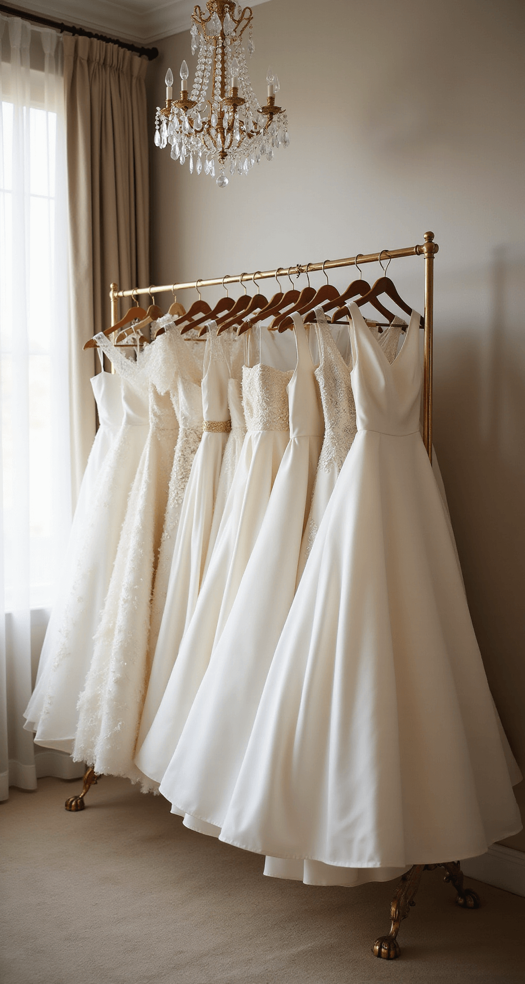 The Complete Guide to Classic Wedding Dress Styles Luxurious dressing room with soft morning light filtering through sheer curtains, showcasing classic dress silhouettes on brass racks in shades of white and ivory, including A-line, ball gown, and sheath styles. Various textures of silk mikado, duchess satin, and tulle are highlighted, with a crystal chandelier casting elegant shadows above.