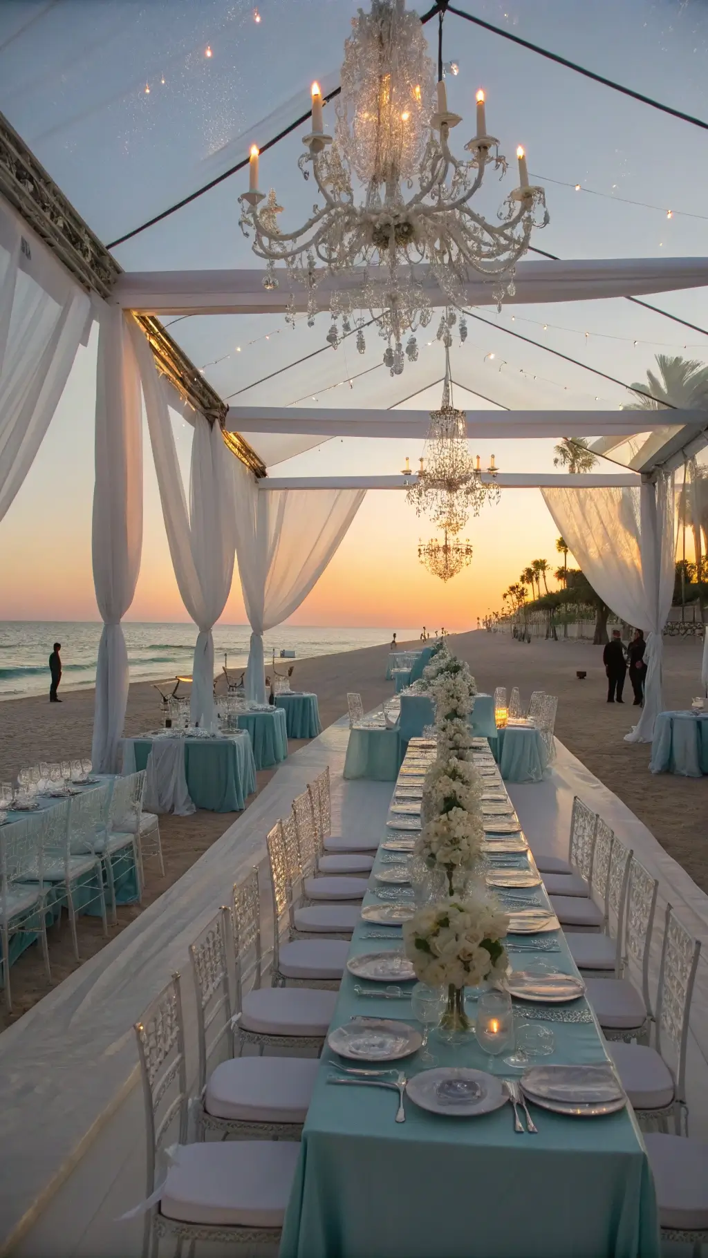 How to Organize a Magical Princess tea Party? A luxurious beachfront event at sunset features a clear-top tent with white draping and chandeliers, acrylic tables with ghost chairs, ice blue linens, coral motif runners, and floating orchid centerpieces against an ocean backdrop. Princess Tea Party