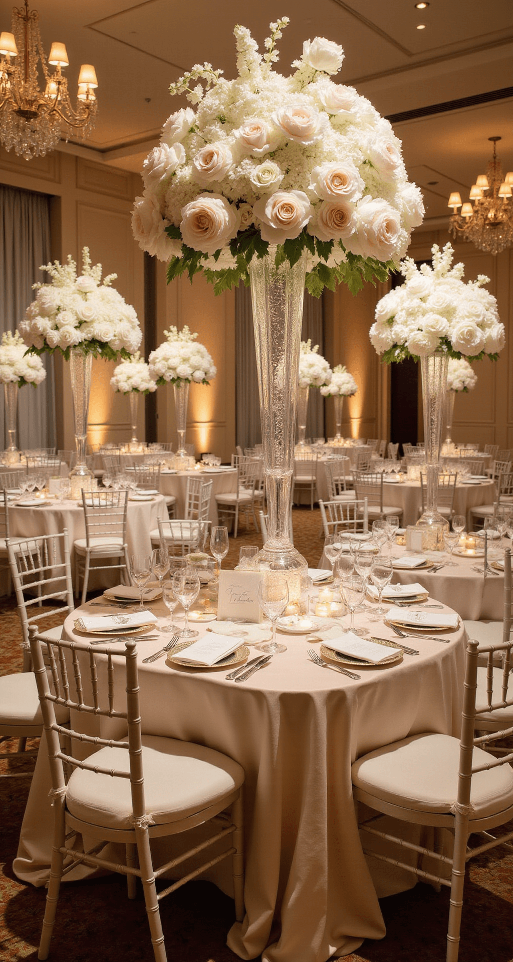 Wedding Table Flowers: The Ultimate Guide to Stunning Centerpieces Elegant ballroom wedding reception with grand floral arrangements and soft champagne lighting.