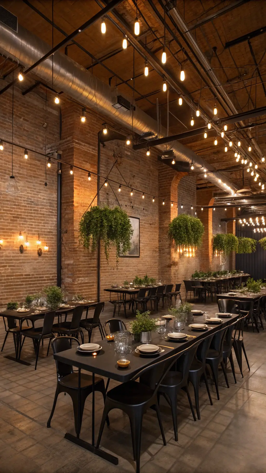 How to Organize a Magical Princess tea Party? Modern industrial loft with exposed brick and uplighting, black metal dining tables, geometric terrariums, matte black stoneware, brass flatware, smoke gray glassware, and Edison bulbs overhead creating a starry effect.