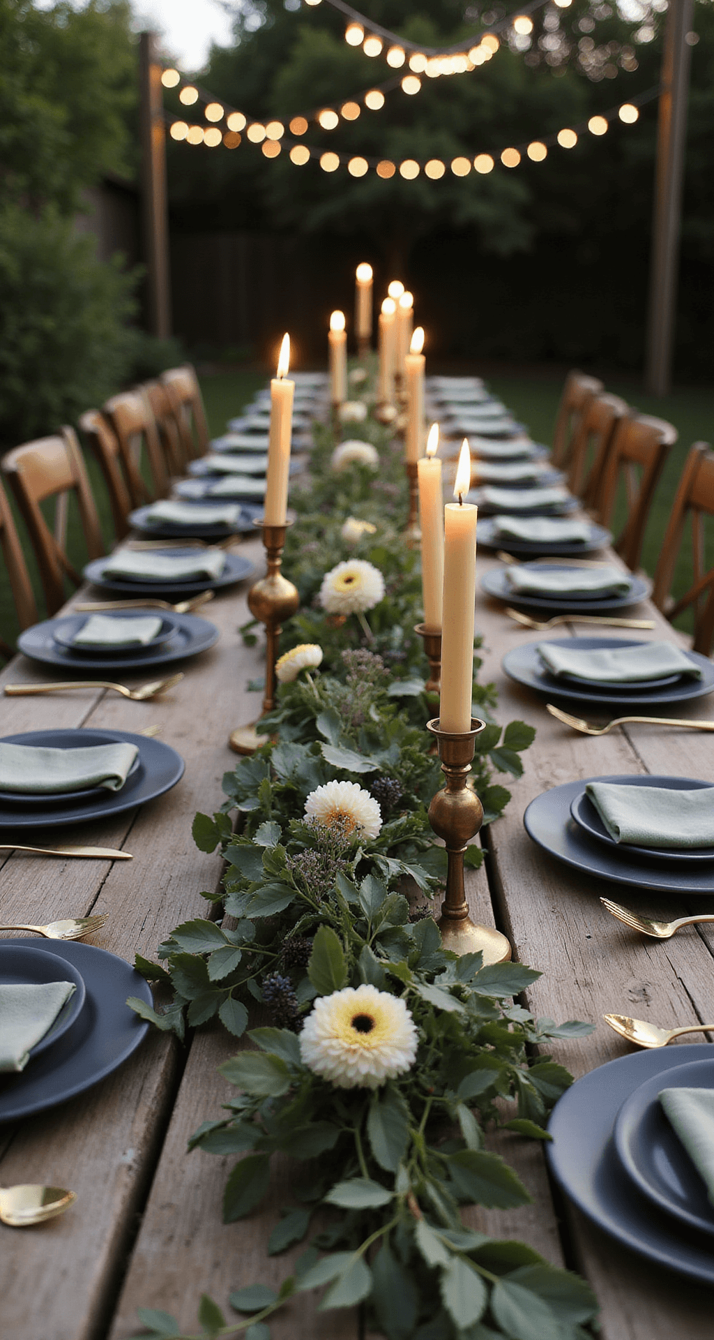 Wedding Table Flowers: The Ultimate Guide to Stunning Centerpieces A rustic wooden table set for an intimate garden wedding at dusk, featuring a 20-foot floral runner with ranunculus, anemones, and eucalyptus, adorned with vintage brass candlesticks and twinkling cafe lights overhead.
