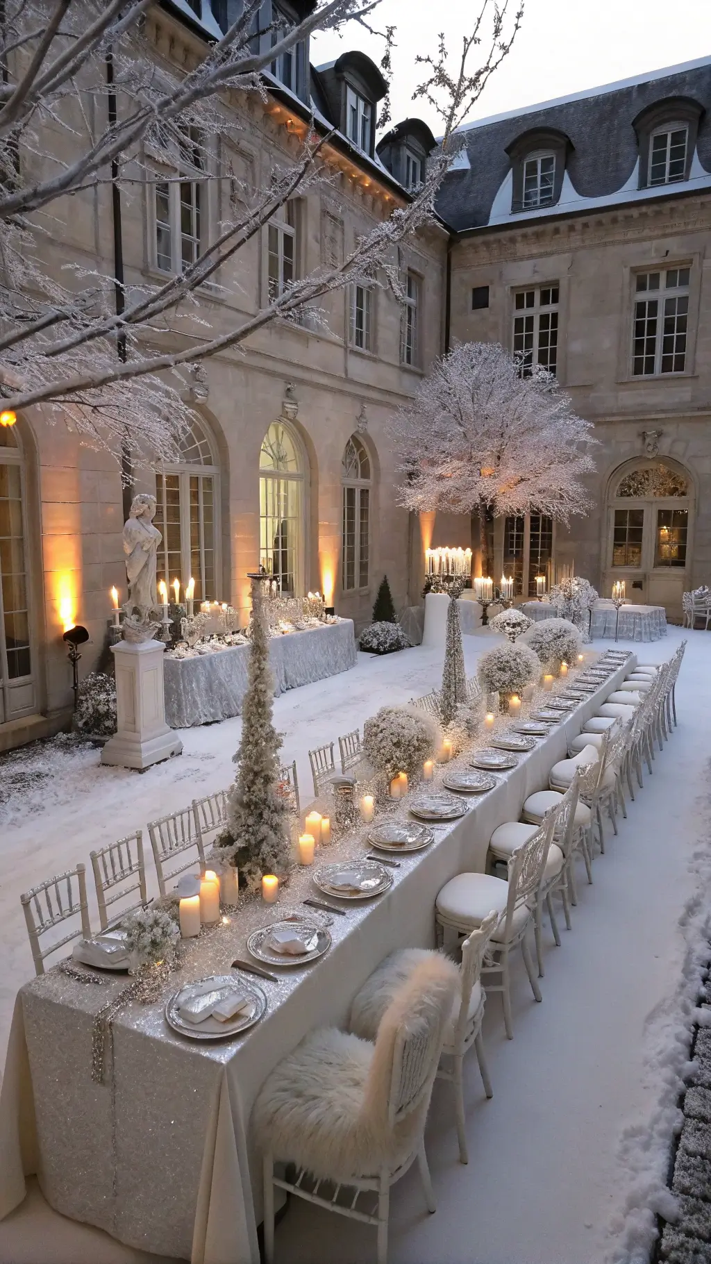 How to Organize a Magical Princess tea Party? Drone view of a snow-covered château courtyard transformed into a winter wonderland reception, featuring mirrored tables with silver sequined linens and frosted glass chargers, framed by crystal-encrusted trees. Silver candelabras with white candles are surrounded by white amaryllis, silver brunia, and snow-dusted pine arrangements. Ghost chairs with white fur throws offer seating, with warm lighting adding contrast to the cool winter scene. Princess Tea Party