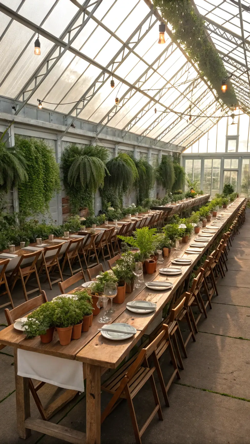 How to Organize a Magical Princess tea Party? Aerial view of a greenhouse venue with sunlight filtering through glass panels onto parallel farmhouse tables adorned with moss, ferns, trailing vines, and terracotta pots of orchids, set with stoneware, copper flatware, and green glass goblets, surrounded by wooden cross-back chairs.