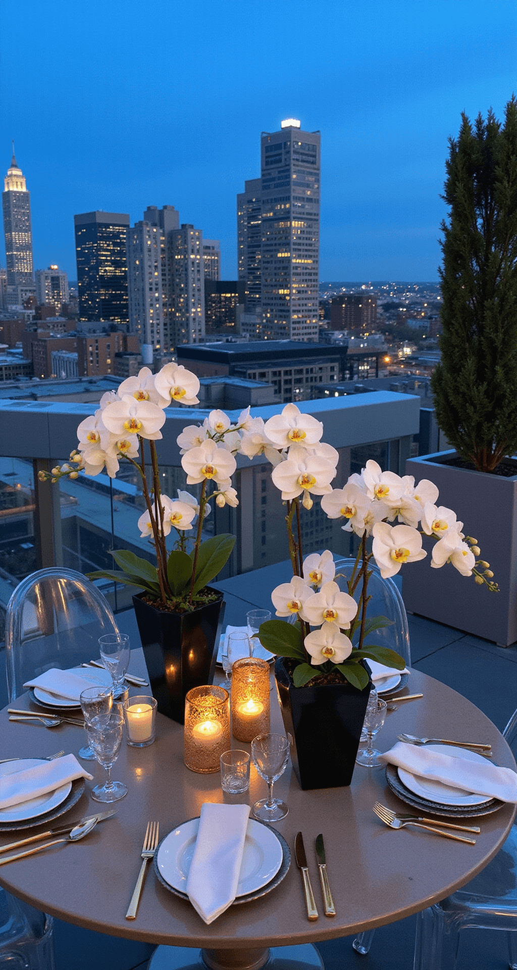 Wedding Table Flowers: The Ultimate Guide to Stunning Centerpieces A modern rooftop reception at blue hour with minimalist centerpieces of white orchids in tall black vases, surrounded by clear ghost chairs and glass chargers on concrete tables, with city skyline in the background and cool white uplighting highlighting rose gold accents.