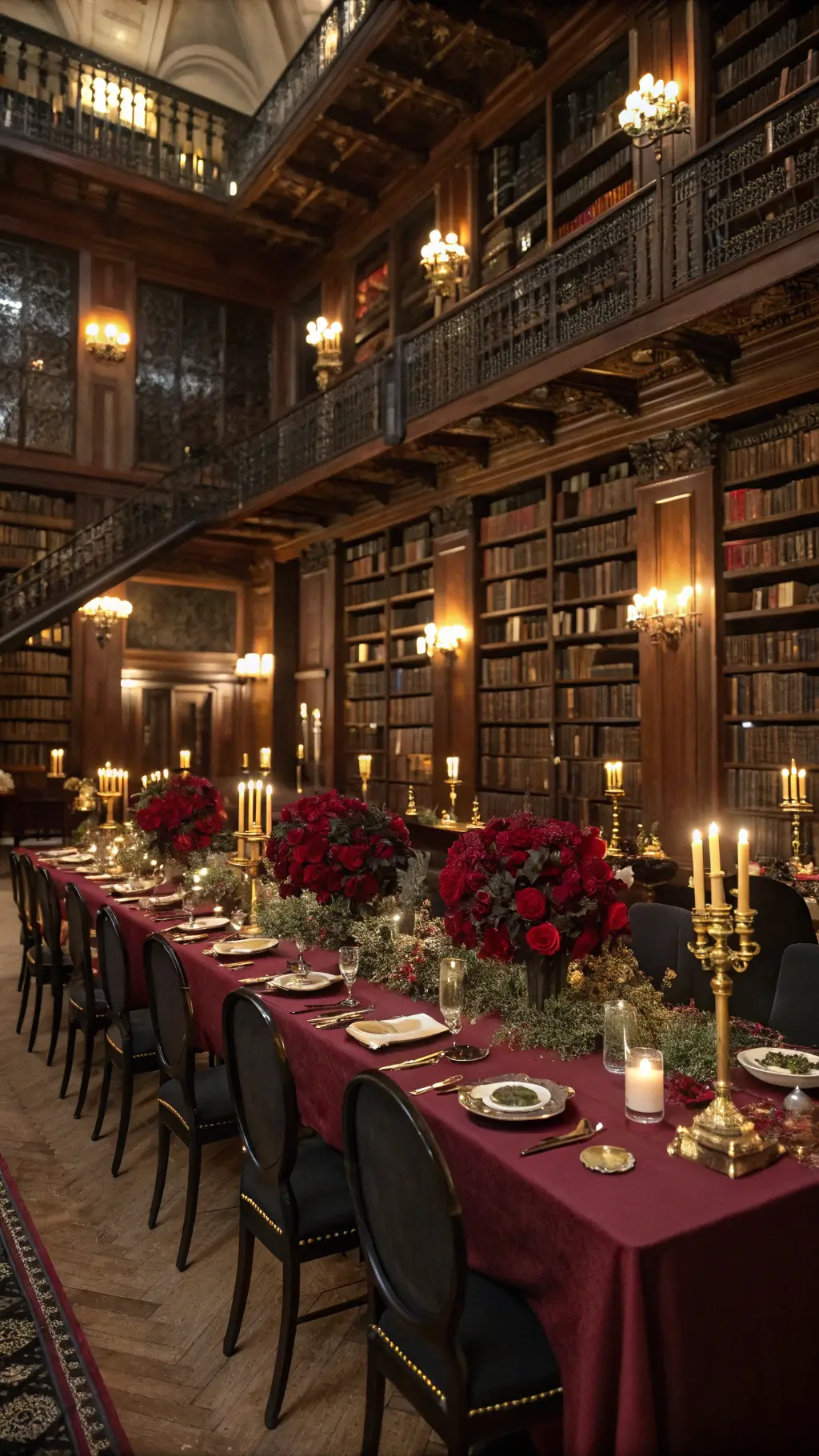 How to Organize a Magical Princess tea Party? A historic library transformed for an evening gala with burgundy velvet linens, brass candelabras, dark red floral arrangements, and vintage book page runners, captured from a balcony to highlight the candlelit ambiance against towering bookshelf-lined walls and dark wood architecture.