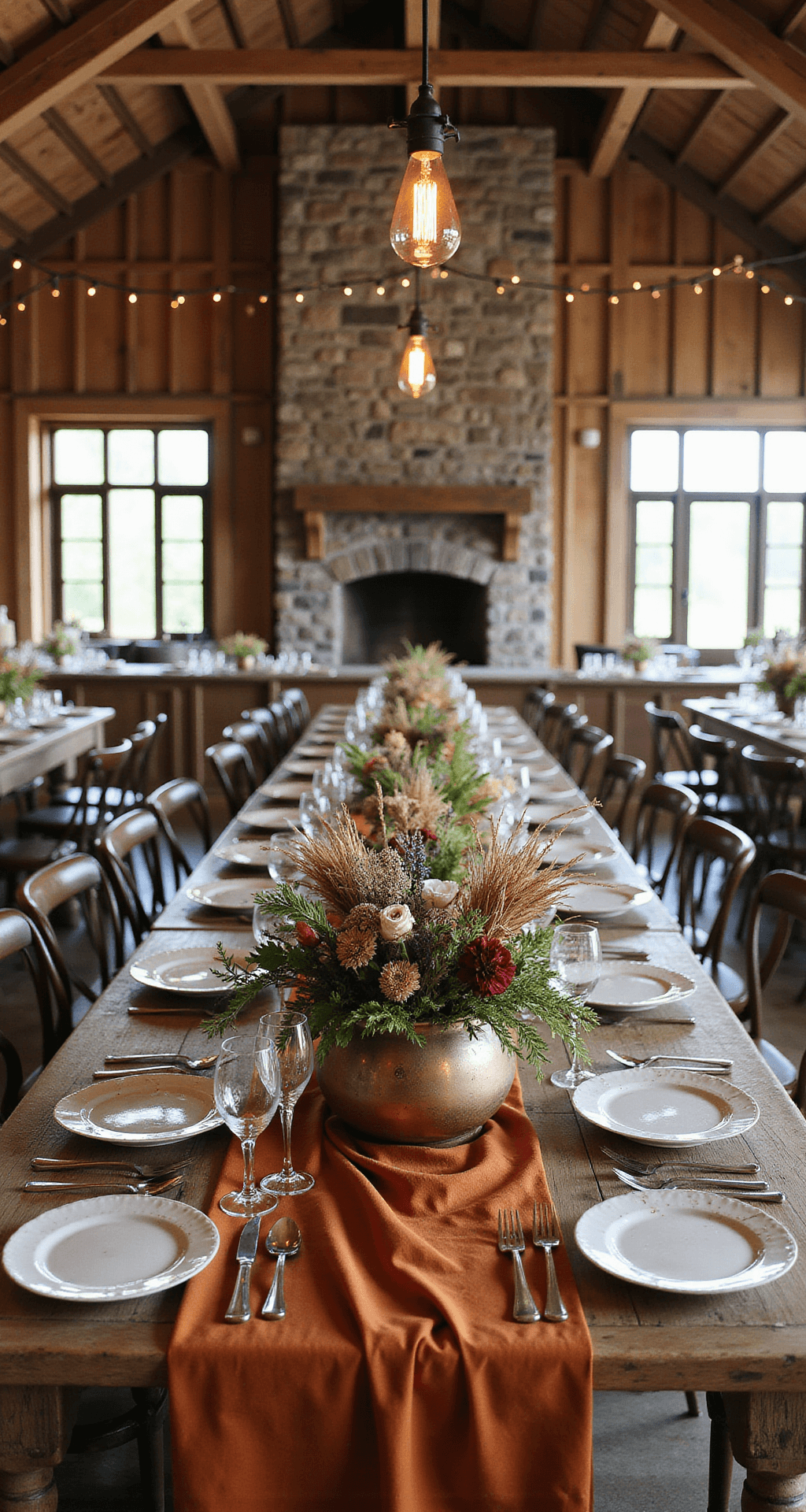 Wedding Table Flowers: The Ultimate Guide to Stunning Centerpieces Rustic barn celebration with wildflower centerpieces in copper vessels, vintage china, crystal goblets, terracotta silk runners, and Edison bulbs overhead.