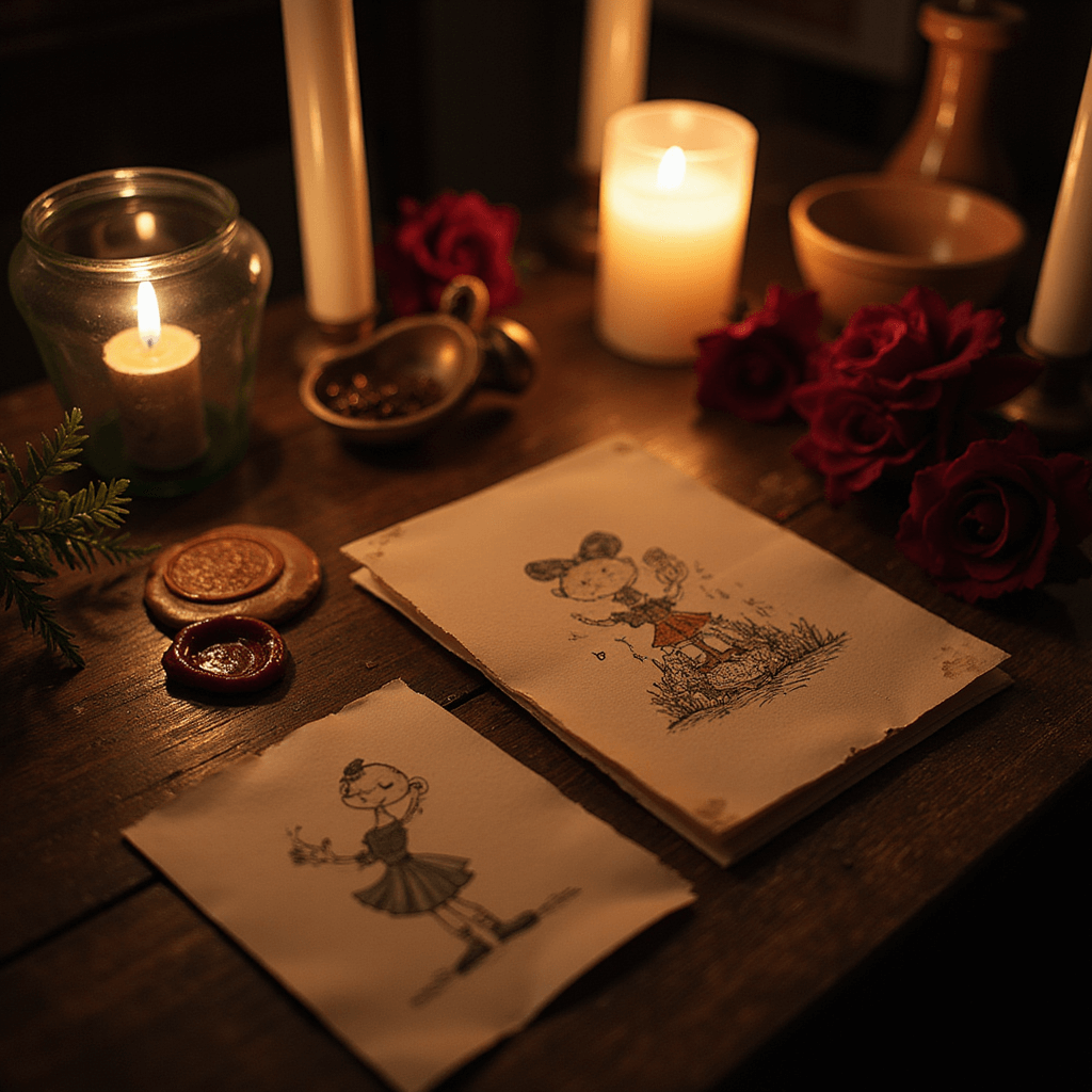 Cartoon Wedding Invitations: Your Ultimate Guide to Playful, Personalized Wedding Stationery A whimsical illustration of cartoon invitations lit by candlelight on a dark wooden table, featuring vintage stamps, sealing wax, aged paper elements, and deep burgundy florals for contrast.