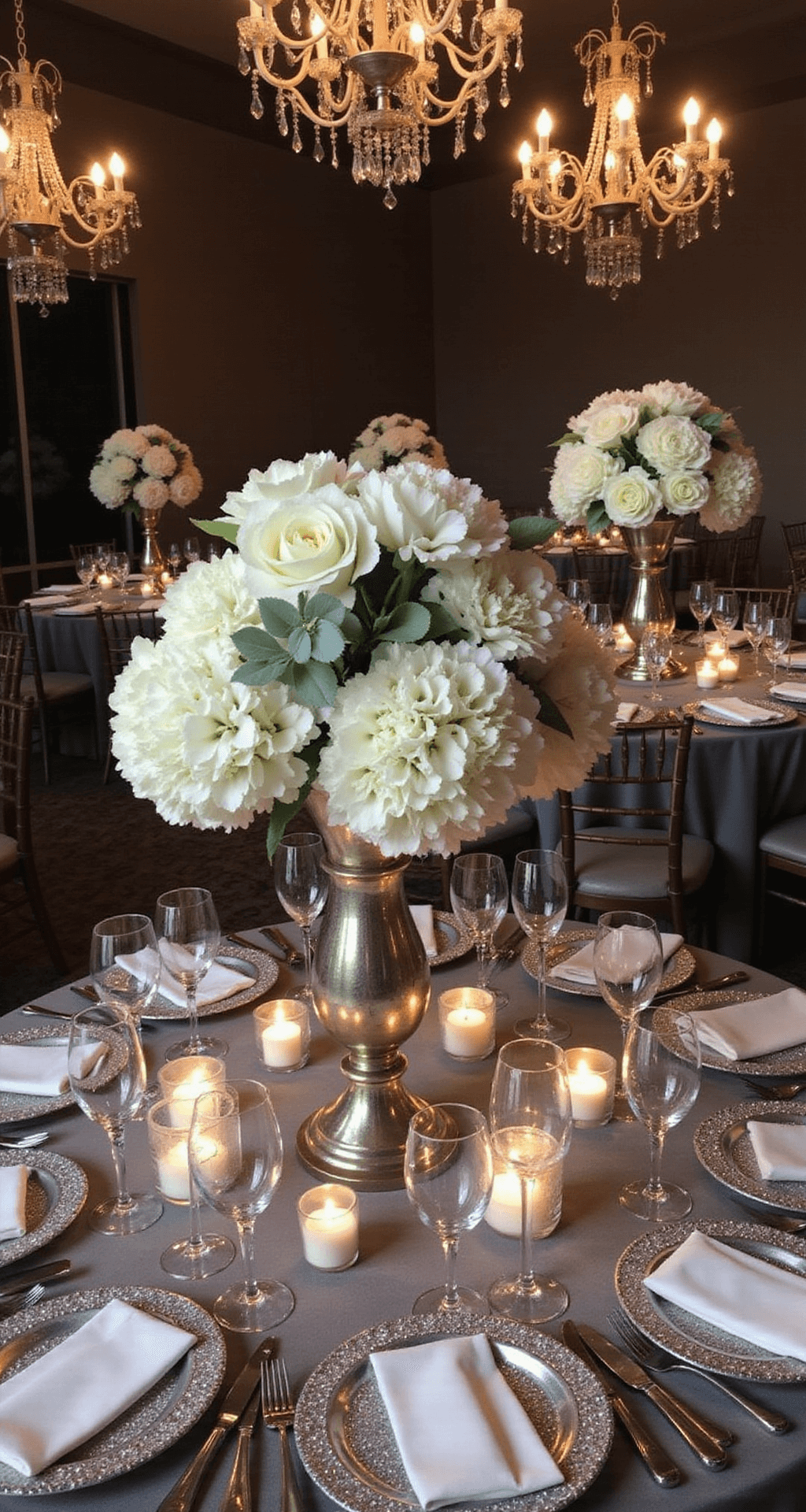 Wedding Table Flowers: The Ultimate Guide to Stunning Centerpieces Elegant winter wedding table setting with white hydrangea, rose, and eucalyptus centerpieces in mercury glass, pewter velvet tablecloths, silver chargers, and frosted votives, illuminated by crystal chandeliers in moody lighting.