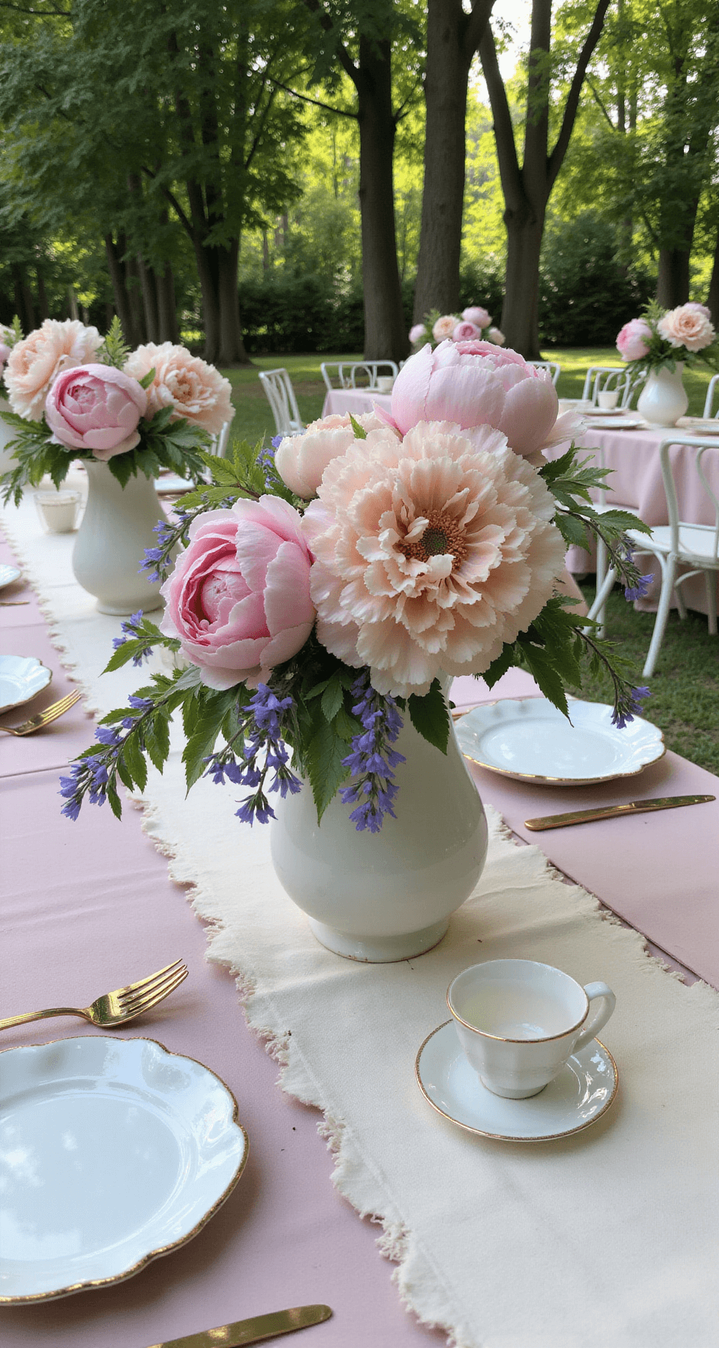 Wedding Table Flowers: The Ultimate Guide to Stunning Centerpieces A whimsical garden party scene with clustering centerpieces of pink peonies, lavender sweet peas, and trailing jasmine in vintage milk glass vessels on tables with scalloped cream linens and dusty rose accents, featuring gold-rimmed teacups as place settings under a tree canopy in soft afternoon light.
