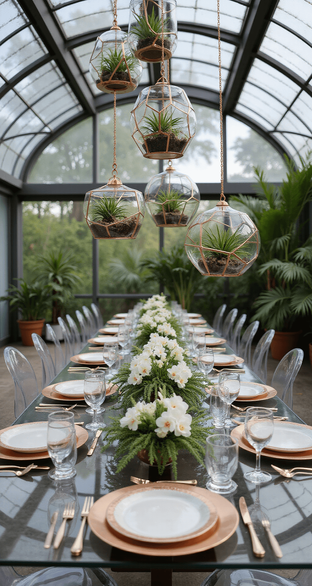 Wedding Table Flowers: The Ultimate Guide to Stunning Centerpieces A modern greenhouse reception with geometric terrariums filled with air plants and orchids hanging above lucite tables, ghost chairs, and crystal stemware, accented by copper chargers and soft uplighting.