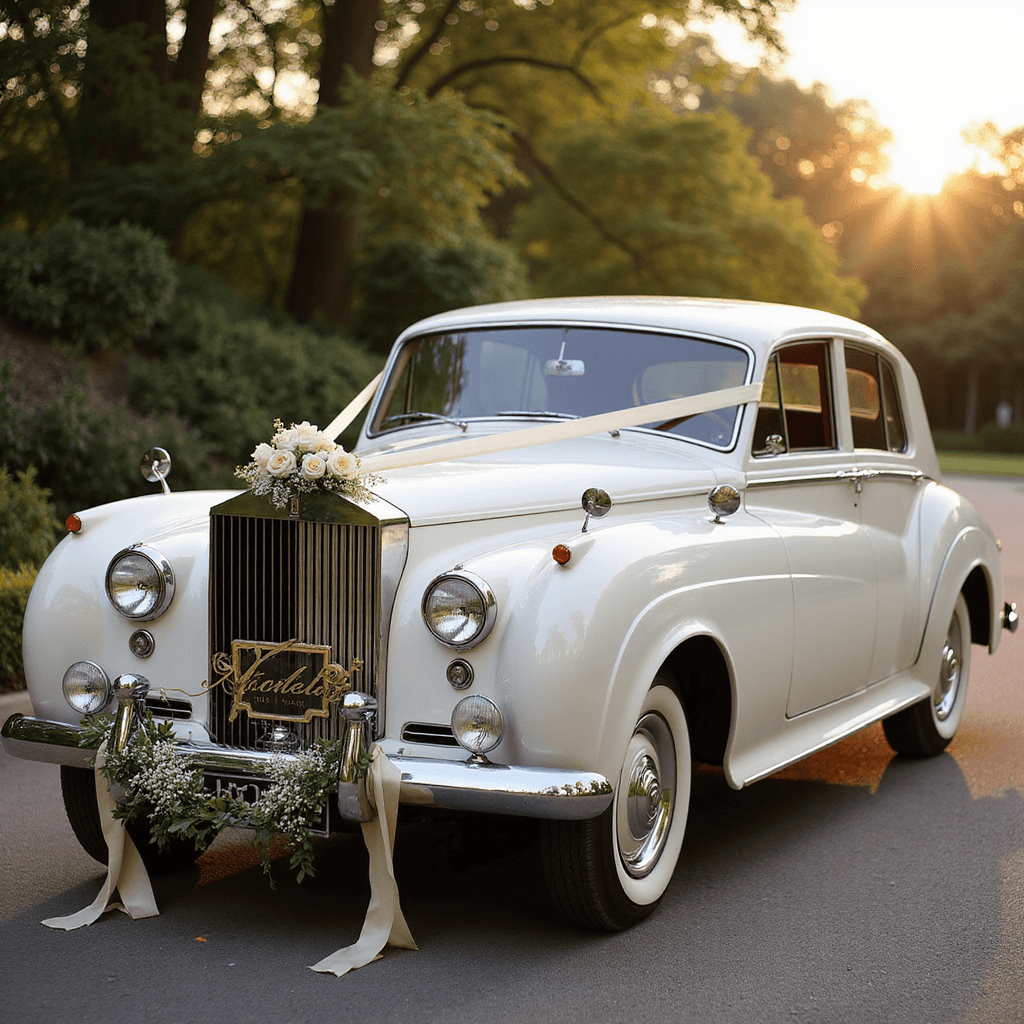 Ultimate Wedding Car Decor: Create Magical Send-Off Moments A vintage white Rolls Royce decorated with ivory silk ribbons and a 'Just Married' sign, surrounded by garden roses and baby's breath, captured in soft sunset light with a romantic bokeh effect.