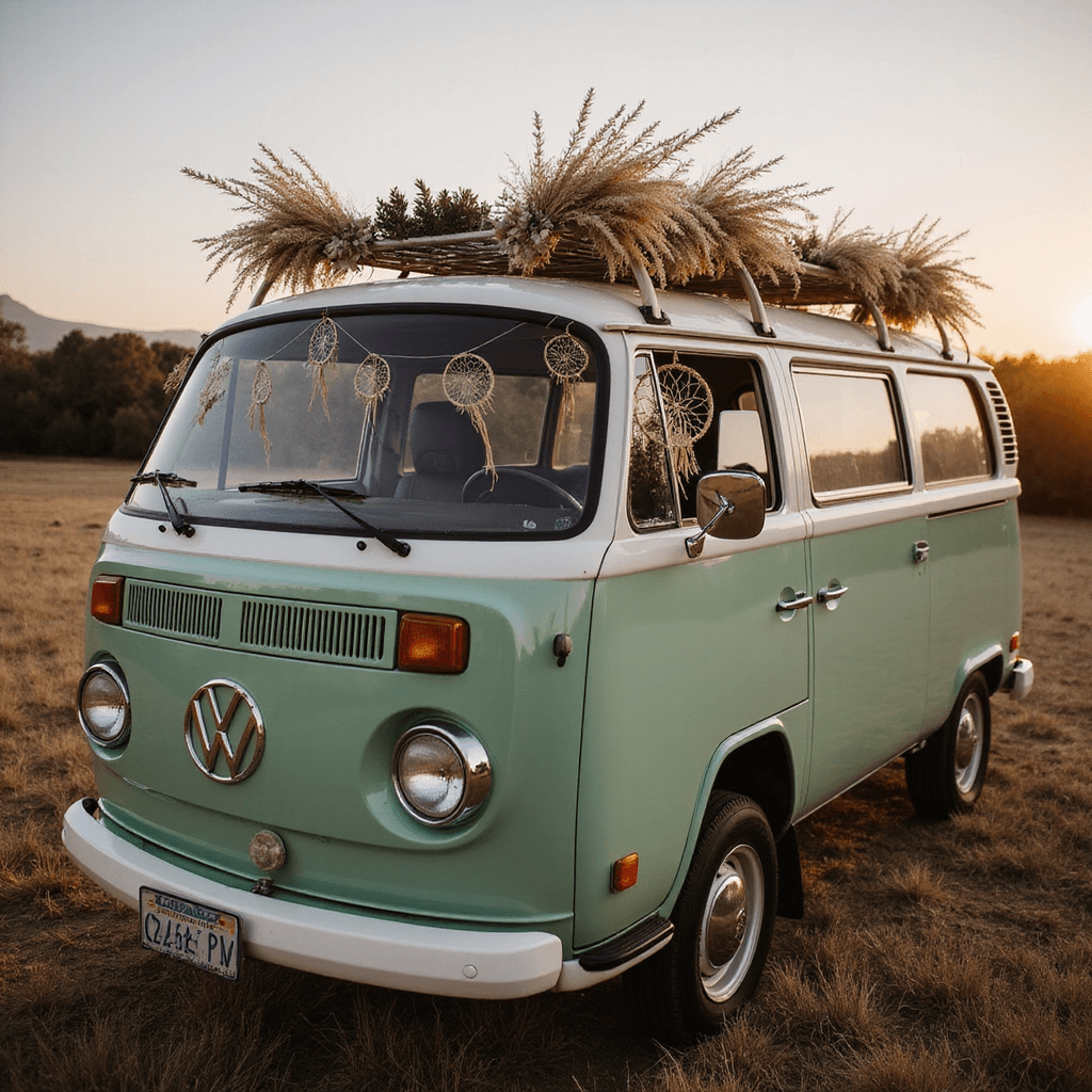 Ultimate Wedding Car Decor: Create Magical Send-Off Moments An intimate boho wedding car scene featuring a sage green restored VW van adorned with macramé dreamcatchers, dried pampas grass arrangements, and intertwined fairy lights and wild meadow flowers, captured in warm golden hour light with a lush natural landscape in the background.