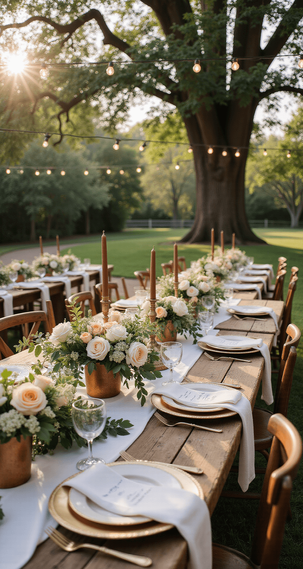 Decorating Wedding Cakes with Flowers A golden hour garden party with vintage tables and floral arrangements under bistro lights, surrounded by oak trees.