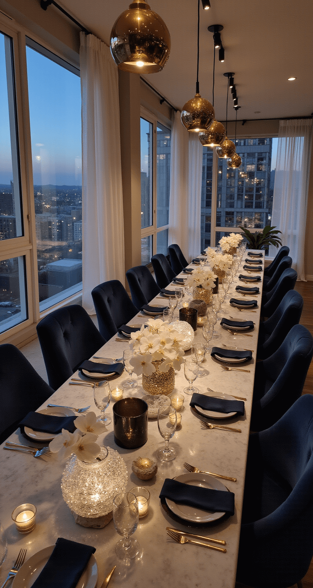 Decorating Wedding Cakes with Flowers An intimate indoor celebration in a modern loft at dusk features a celestial-themed dinner party with a marble table, navy velvet chairs, metallic accents, crystal geodes, and twinkling suspended glass orbs. The setting includes white orchids, matte black plates, and gold flatware, with city lights visible through framed windows.