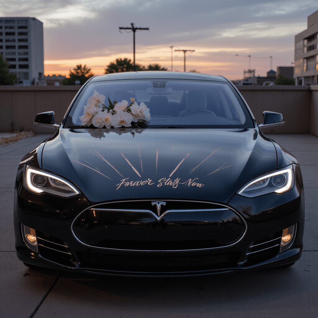 Ultimate Wedding Car Decor: Create Magical Send-Off Moments A sleek Tesla Model S adorned with rose gold metallic decals for a modern minimalist wedding, featuring a 'Forever Starts Now' LED neon sign, set against an urban dusk backdrop, with white orchids visible through the panoramic roof and emphasized uplighting showcasing its clean lines.