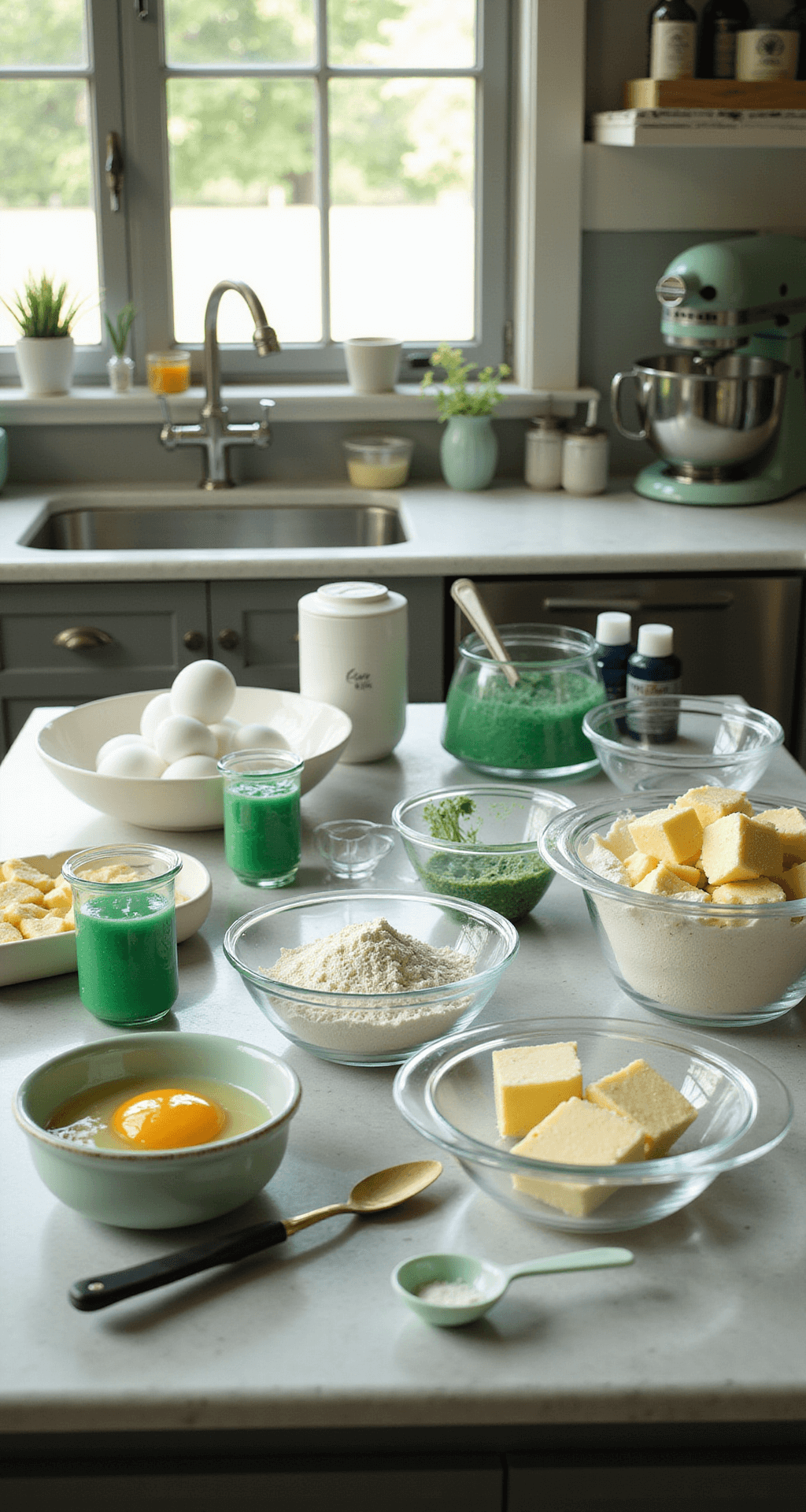 Emerald Dreams: The Ultimate Green Wedding Cake Guide A bright professional kitchen with elegantly arranged ingredients in glass bowls, including eggs, butter, and flour, alongside measuring tools and a stand mixer, illuminated by natural light, conveying a sense of preparation for an emerald wedding cake.