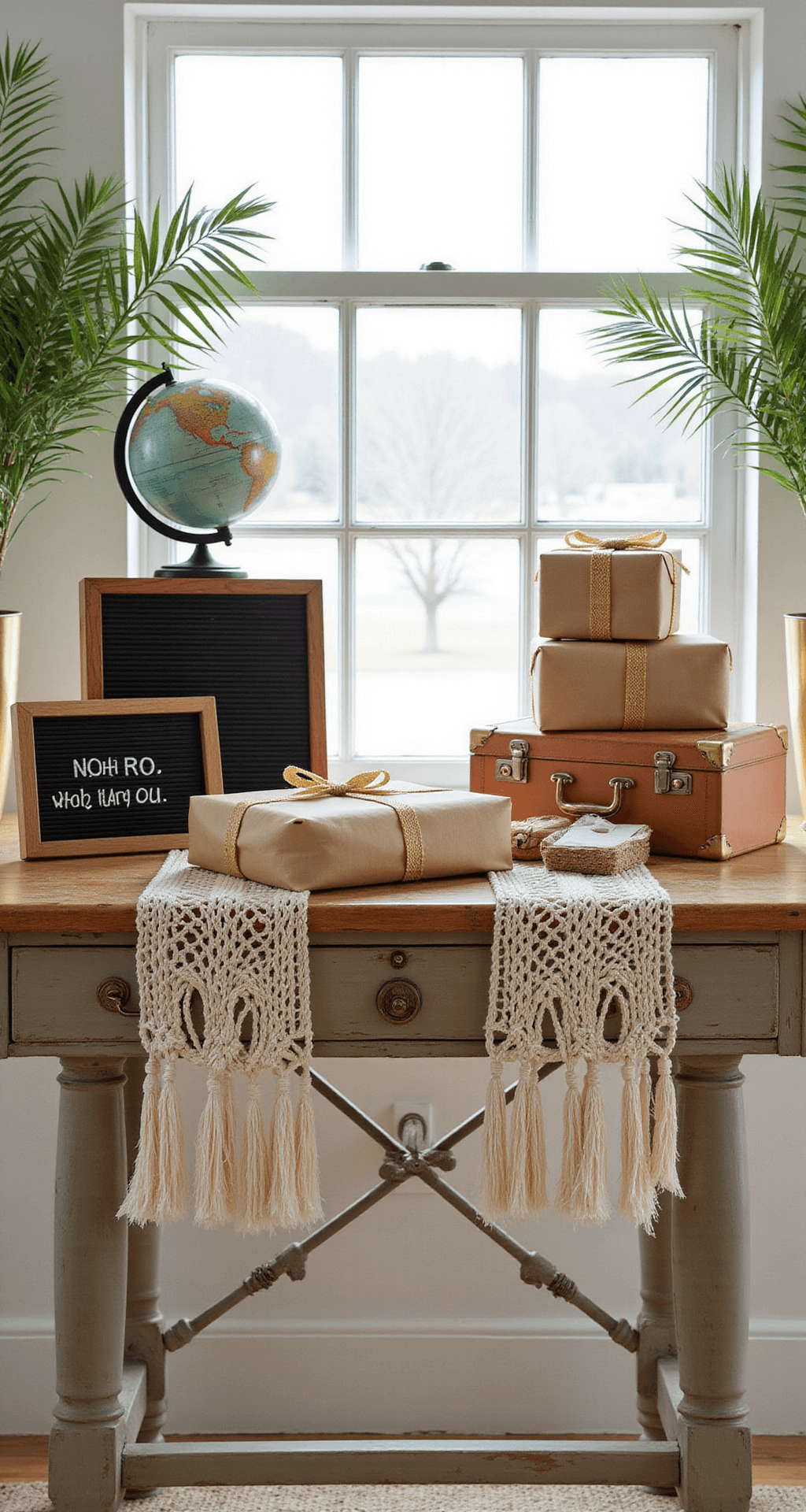 The Ultimate Guide to Throwing a Spectacular "Wild One" First Birthday Party A detailed scene of a gift table by a window with a vintage explorer's theme, featuring a globe, vintage suitcases, a welcome sign, and presents wrapped in kraft paper with gold ribbons on a wooden table with a macramé runner, framed by preserved palm fronds in brass vessels.