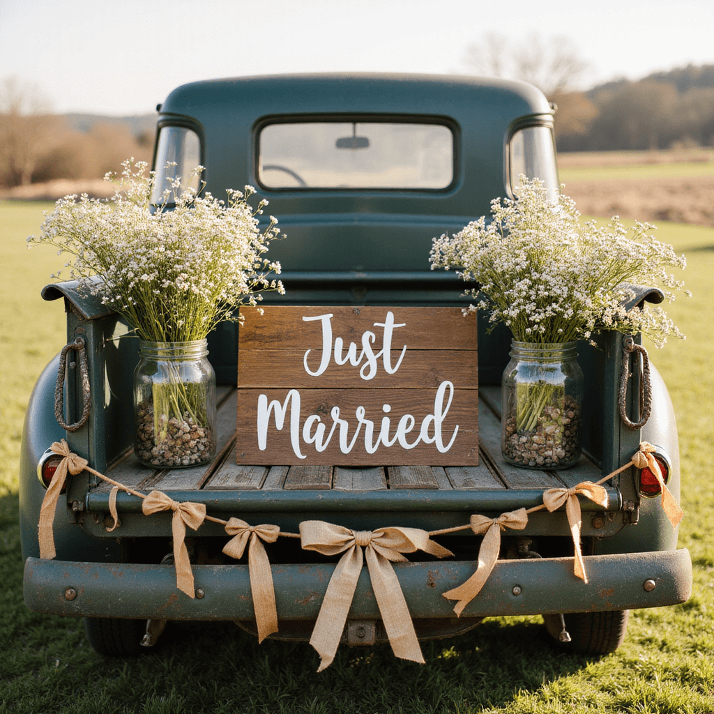Ultimate Wedding Car Decor: Create Magical Send-Off Moments A rustic countryside wedding scene featuring a vintage pickup truck overflowing with wildflowers and mason jars, adorned with a 'Just Married' sign, organic cotton ribbon garlands, and trailing tin cans, set against a pastoral backdrop in soft afternoon light.