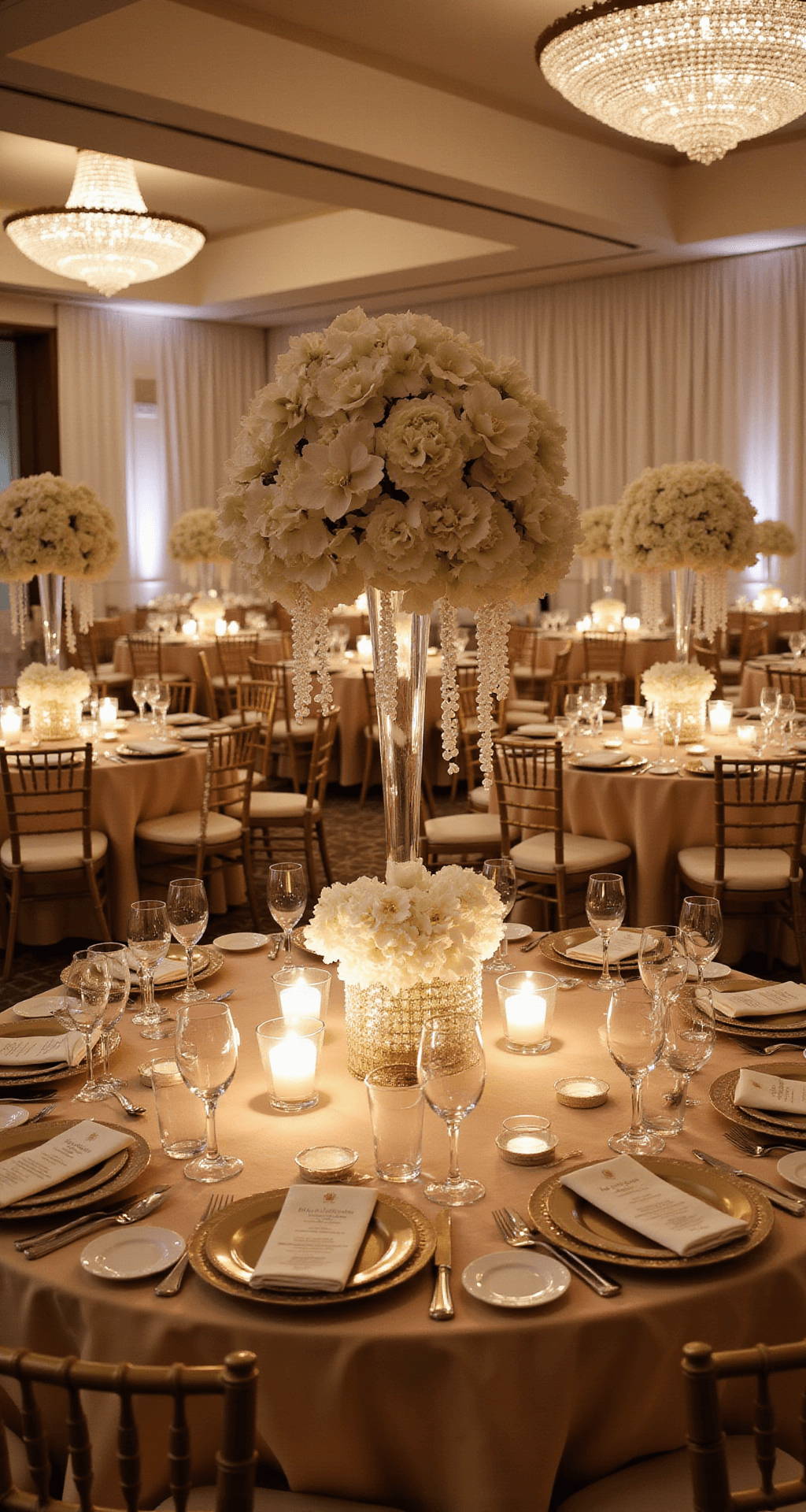 Decorating Wedding Cakes with Flowers Grand ballroom wedding reception with champagne silk linens, gold chiavari chairs, and lush floral centerpieces under crystal chandeliers.