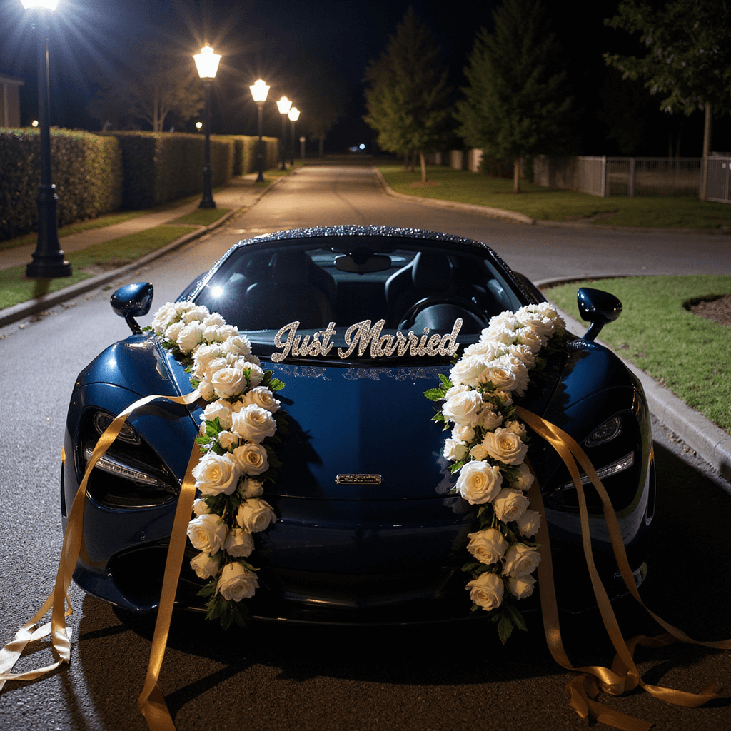 Ultimate Wedding Car Decor: Create Magical Send-Off Moments A midnight blue McLaren sports car adorned with white rose garlands and gold ribbon streamers, featuring a crystal-encrusted 'Just Married' sign and sophisticated floral arrangements, captured in dramatic nighttime photography with spotlighting and lens flare.